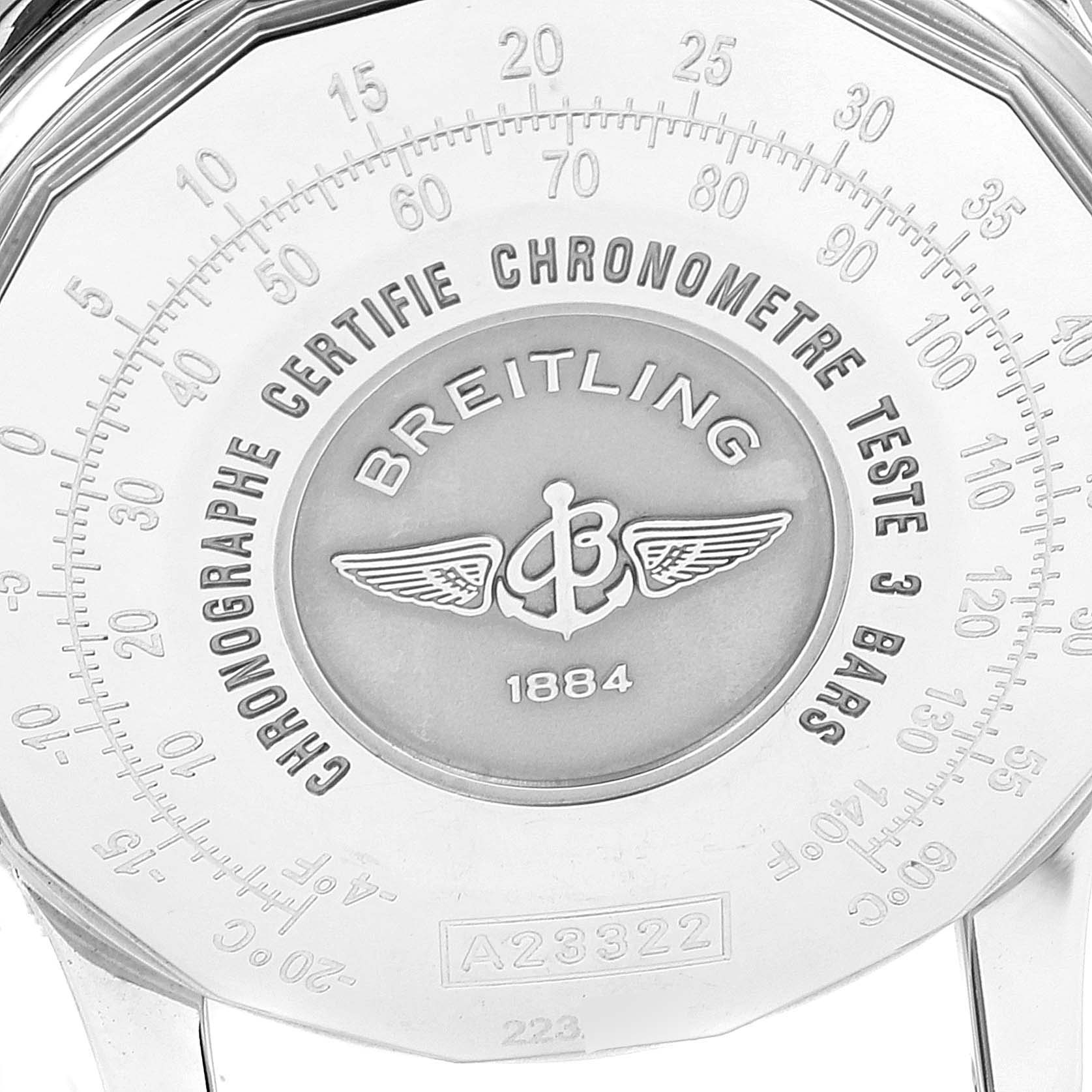 The image shows the back case of a Breitling Navitimer A23322 Men
s Stainless Steel Black Dial A23322 Men
s Stainless Steel Black Dial watch, highlighting its engraving and certification details.