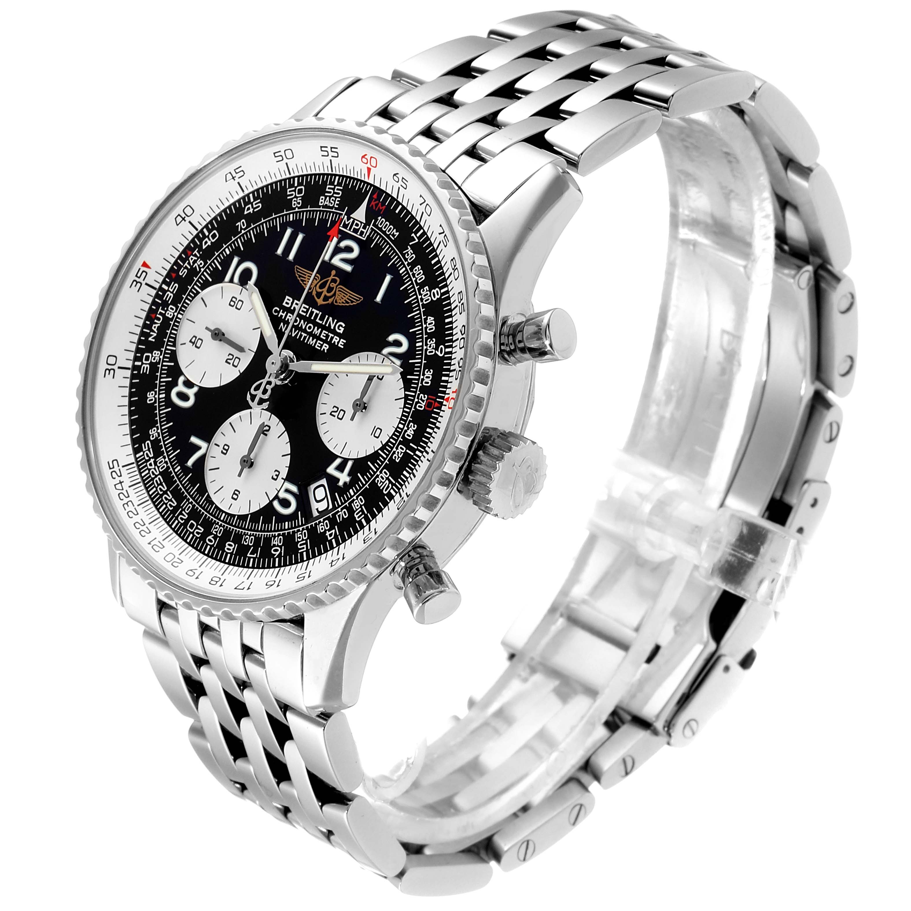 The Breitling Navitimer A23322 Men
s Stainless Steel Black Dial A23322 Men
s Stainless Steel Black Dial watch is displayed at a slight right angle, highlighting the dial, crown, pushers, and metal bracelet.