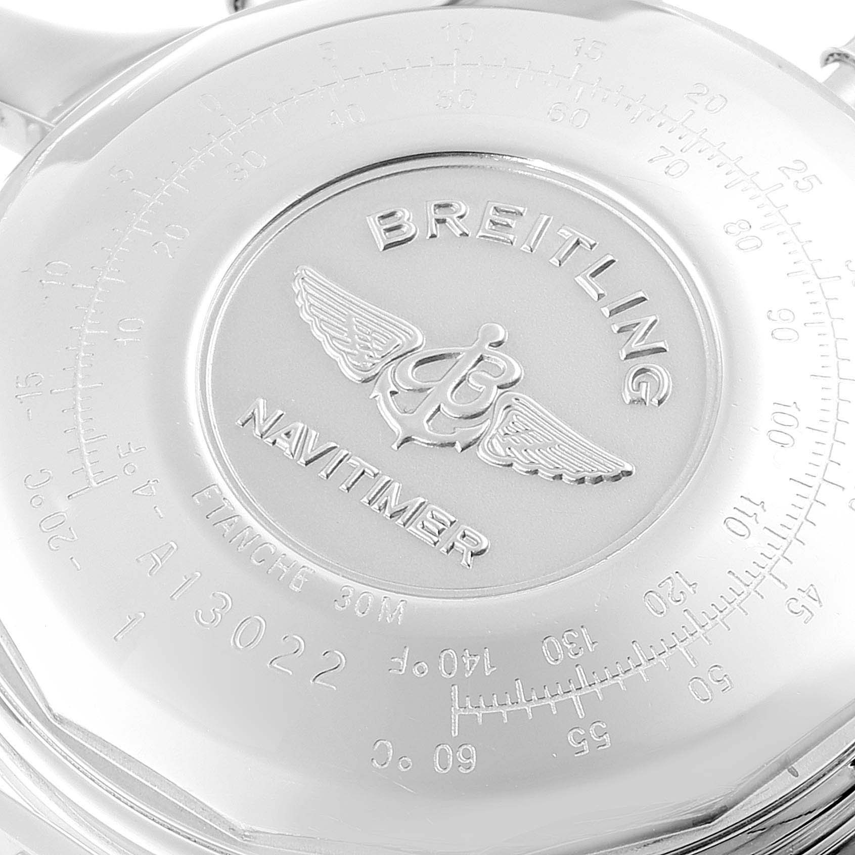 The image shows the backside of a Breitling Navitimer A13022 Men's Stainless Steel Black Dial A13022 Men's Stainless Steel Black Dial watch, highlighting its branding and engraved details.