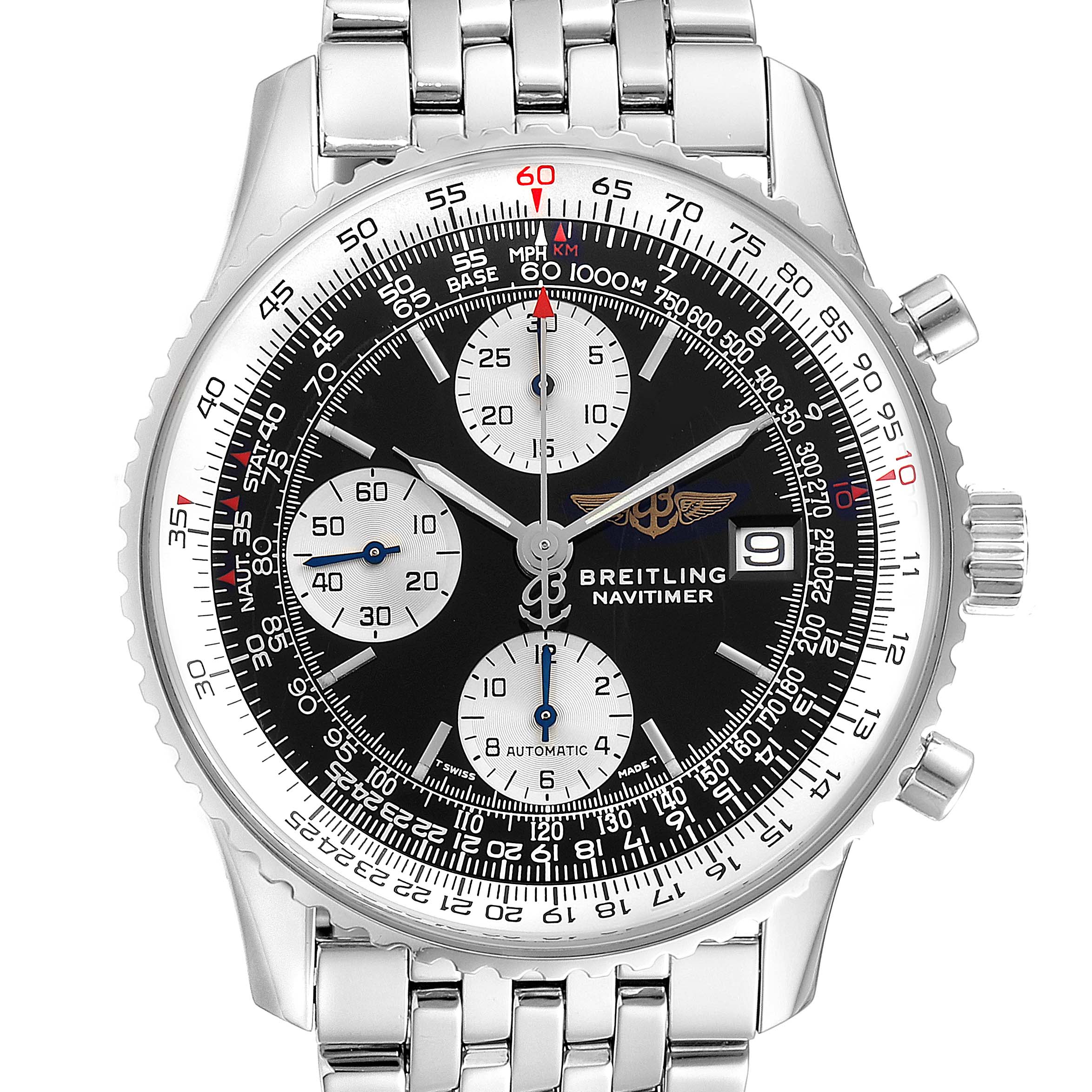 This Breitling Navitimer A13022 Men's Stainless Steel Black Dial A13022 Men's Stainless Steel Black Dial watch is shown from the front, highlighting the dial, subdials, bezel, and linked metal bracelet.