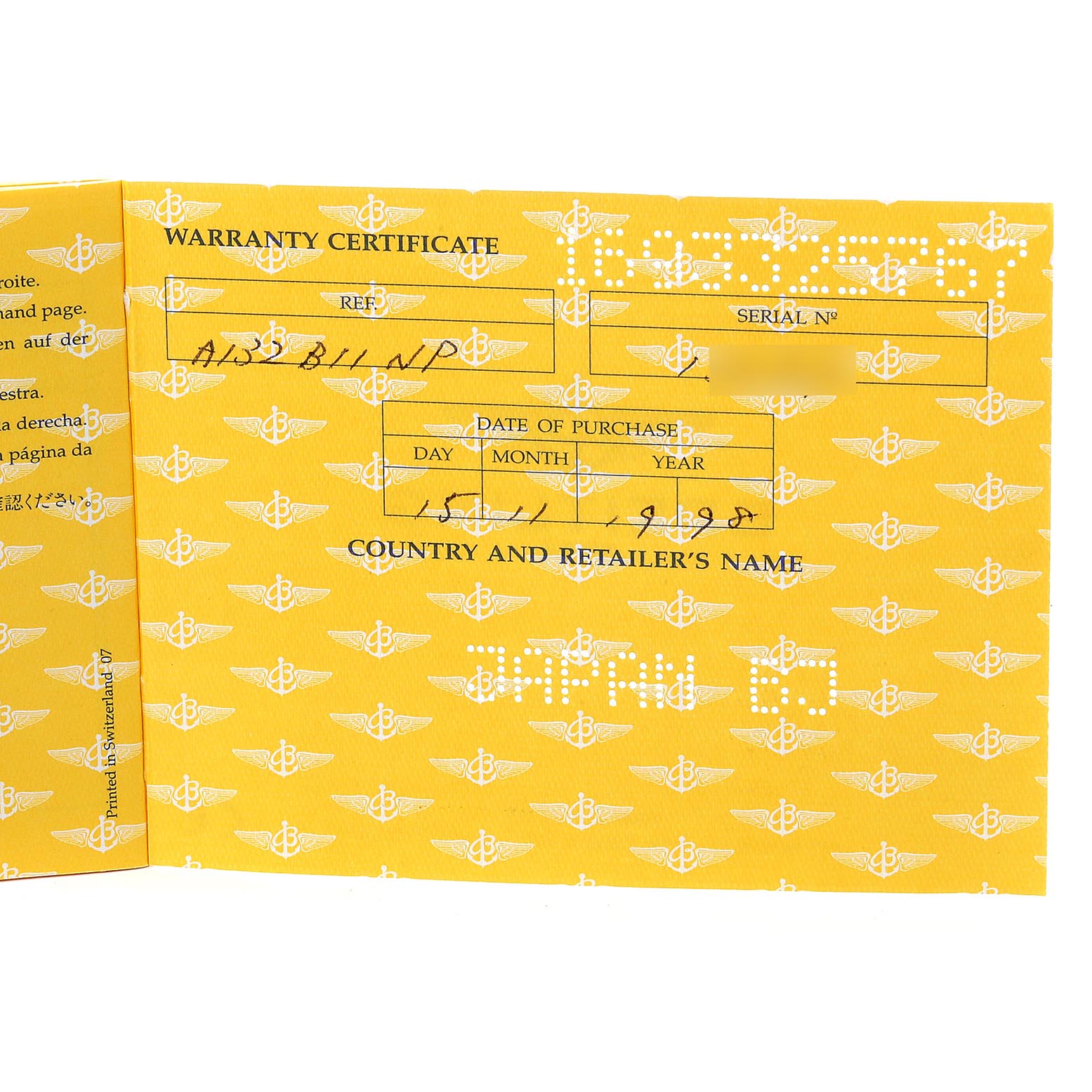 This image shows the warranty certificate for a Breitling Navitimer A13022 Men's Stainless Steel Black Dial A13022 Men's Stainless Steel Black Dial watch.