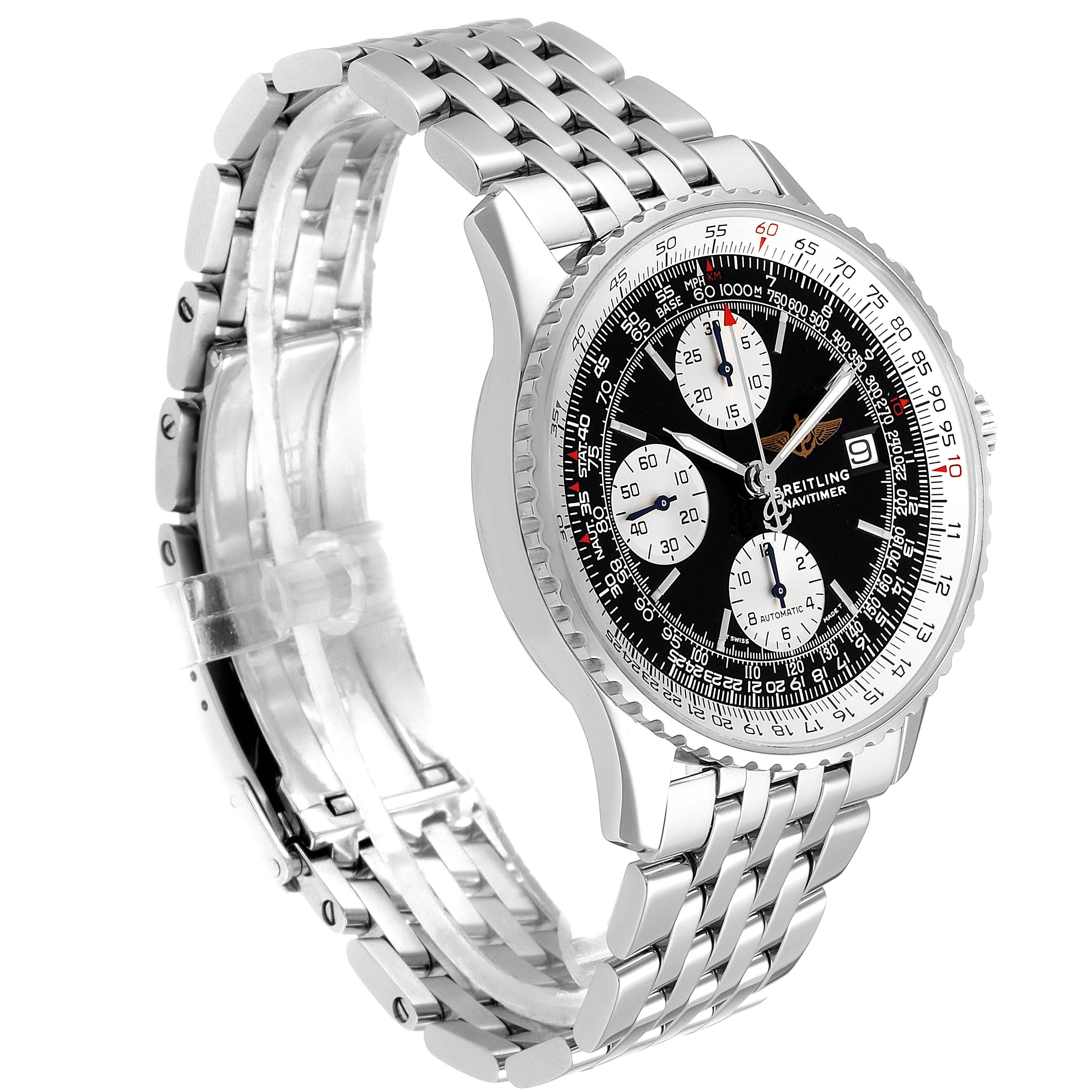 The image shows a Breitling Navitimer A13022 Men's Stainless Steel Black Dial A13022 Men's Stainless Steel Black Dial watch from a side angle, displaying its face, bezel, case, and metal bracelet.