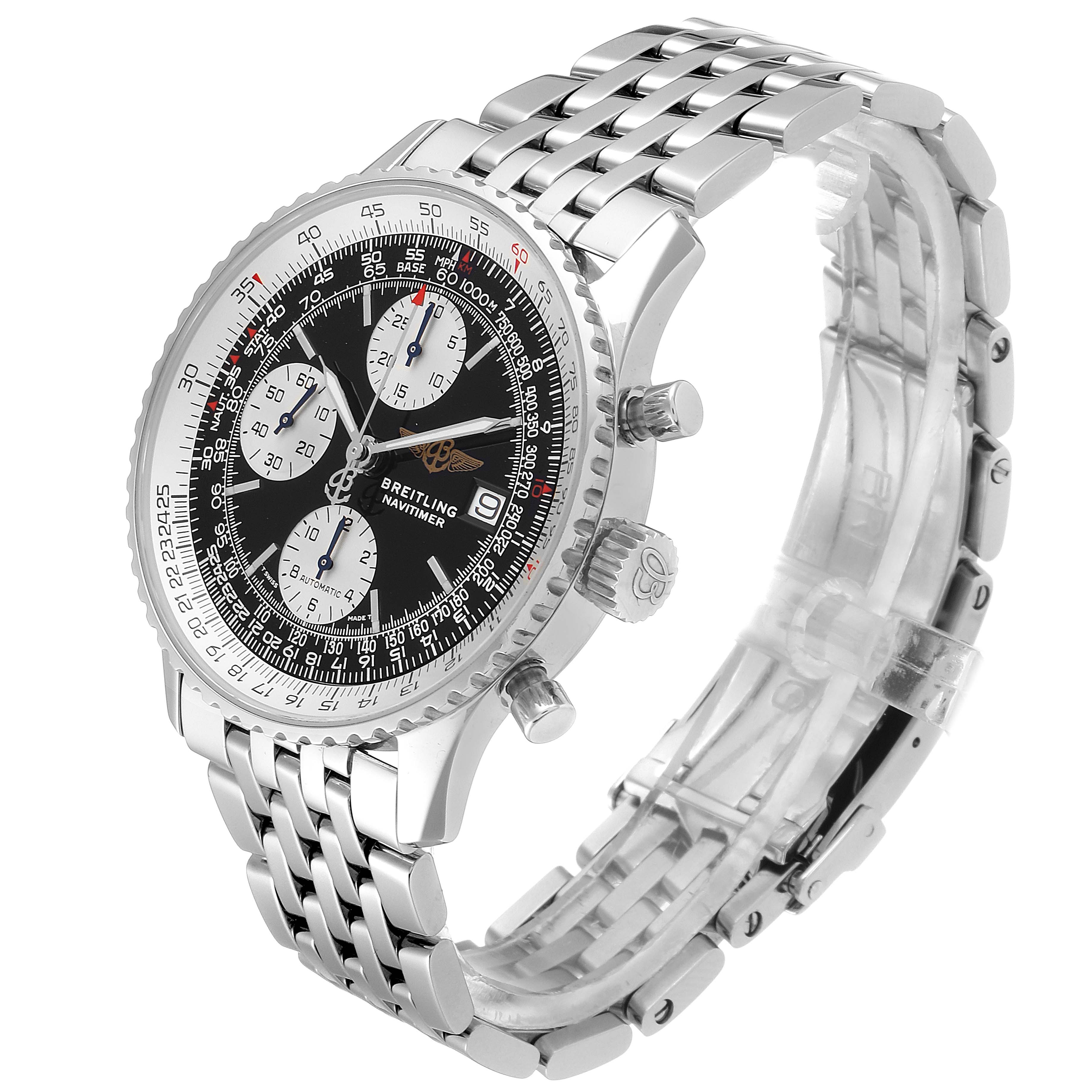 The Breitling Navitimer A13022 Men's Stainless Steel Black Dial A13022 Men's Stainless Steel Black Dial watch is shown at an angle displaying the face, bezel, pushers, crown, and bracelet.
