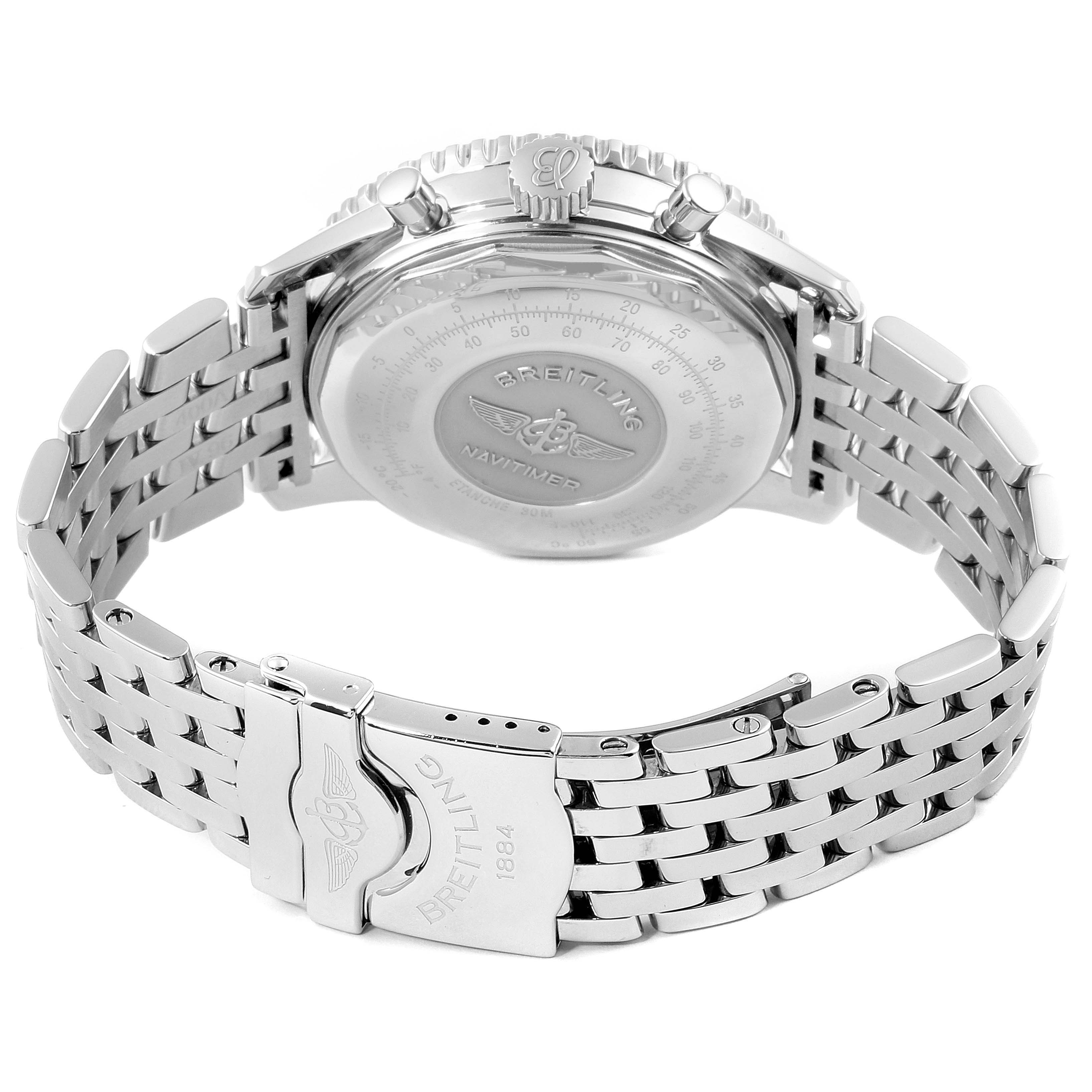 This image shows the back casing and bracelet of a Breitling Navitimer A13022 Men's Stainless Steel Black Dial A13022 Men's Stainless Steel Black Dial watch from a rear angle.