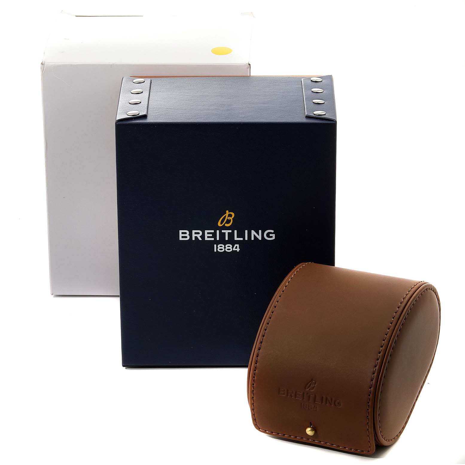 The image shows the packaging accessories for a Breitling Navitimer A13022 Men's Stainless Steel Black Dial A13022 Men's Stainless Steel Black Dial watch, including a box and a leather case.