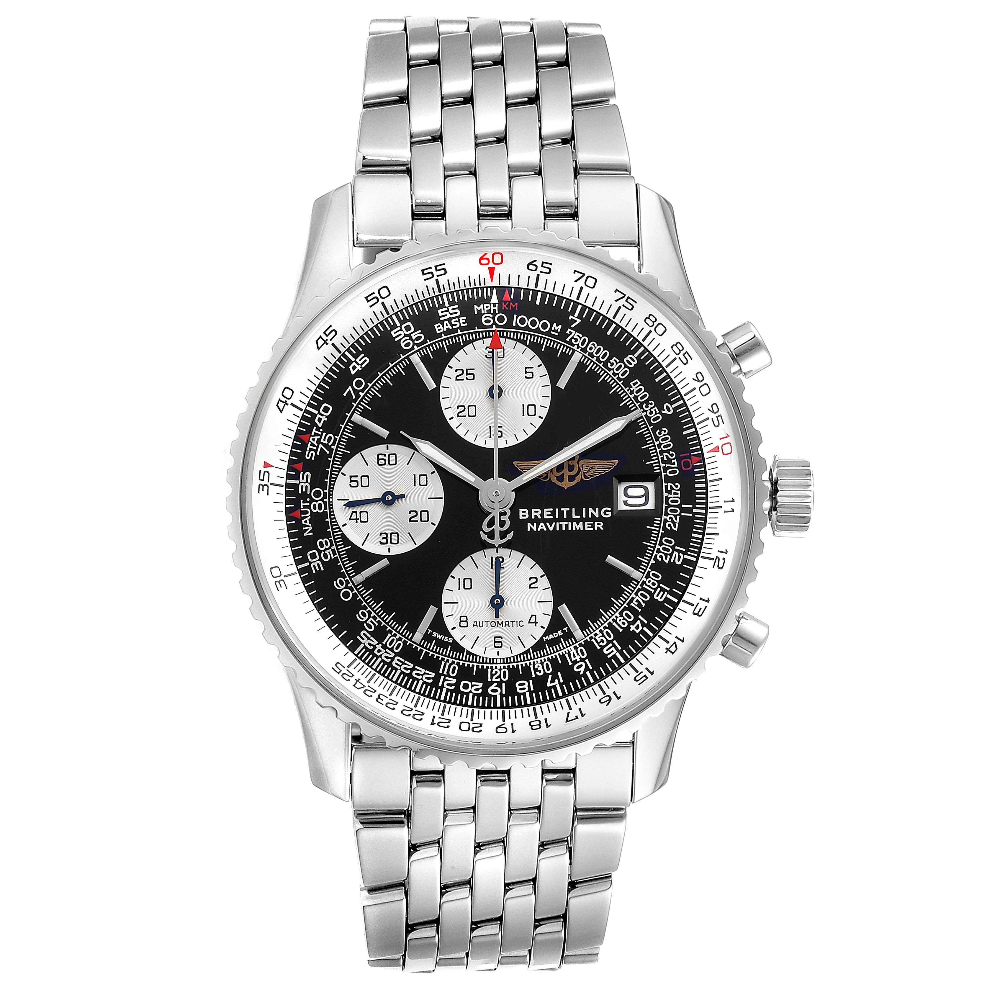 This image shows a front view of the Breitling Navitimer A13022 Men's Stainless Steel Black Dial A13022 Men's Stainless Steel Black Dial watch, displaying its face, three subdials, and bracelet.