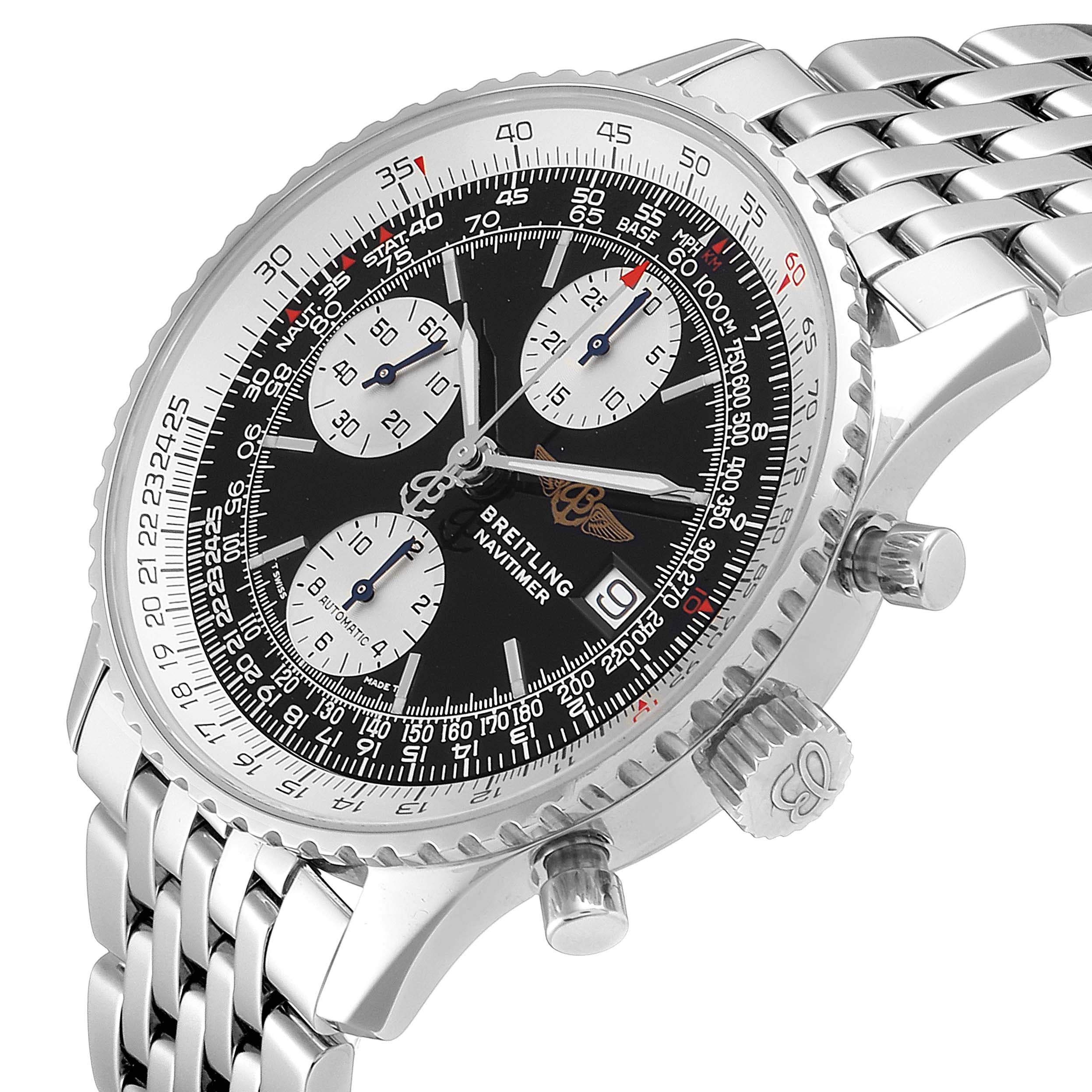 The image shows the Breitling Navitimer A13022 Men's Stainless Steel Black Dial A13022 Men's Stainless Steel Black Dial watch from a front angle, highlighting its dial, bezel, and stainless steel bracelet.