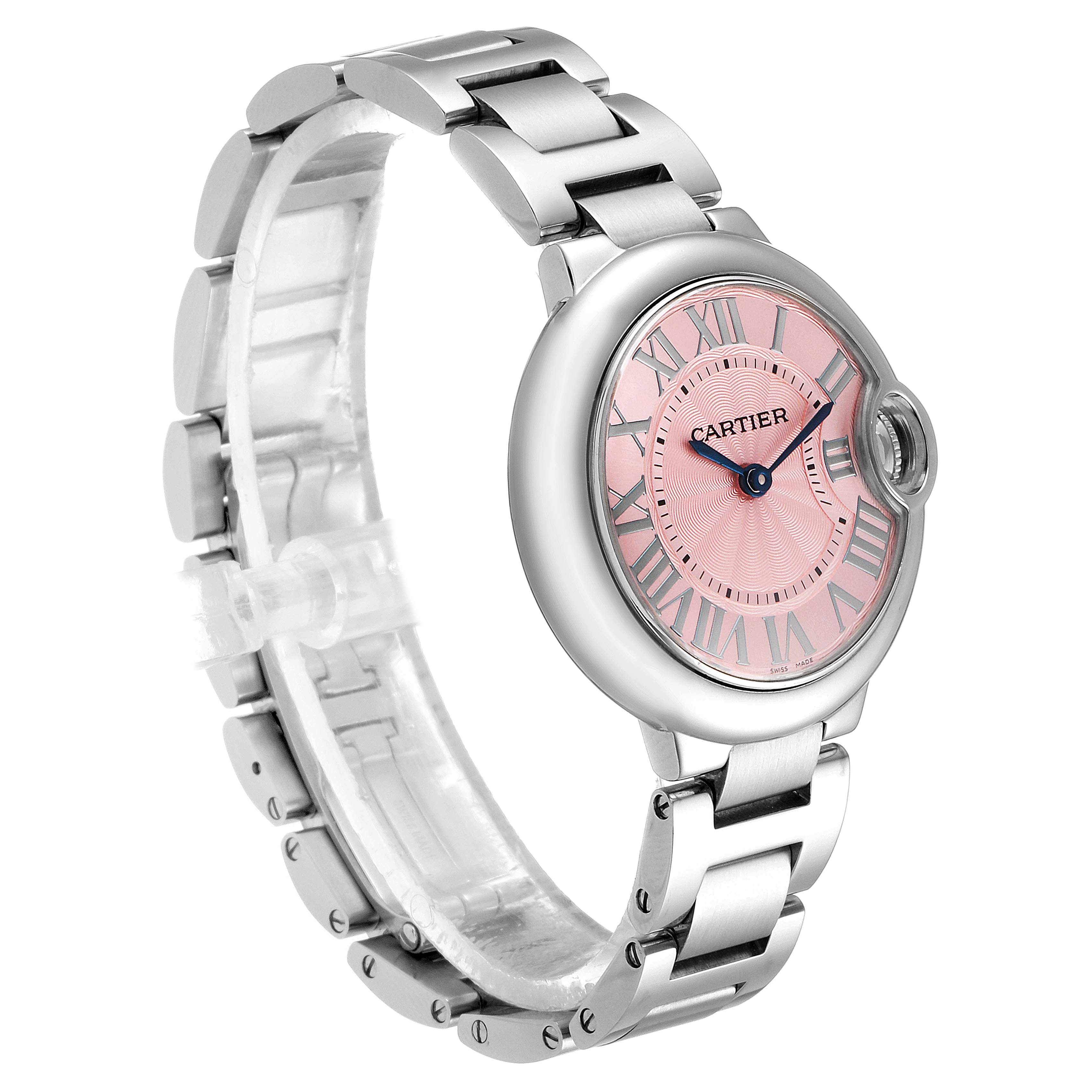 The image shows a Cartier Ballon Bleu WSBB0033 Women's Stainless Steel Pink Dial WSBB0033 Women's Stainless Steel Pink Dial watch from a front angle, highlighting its pink dial with Roman numerals and stainless steel bracelet.