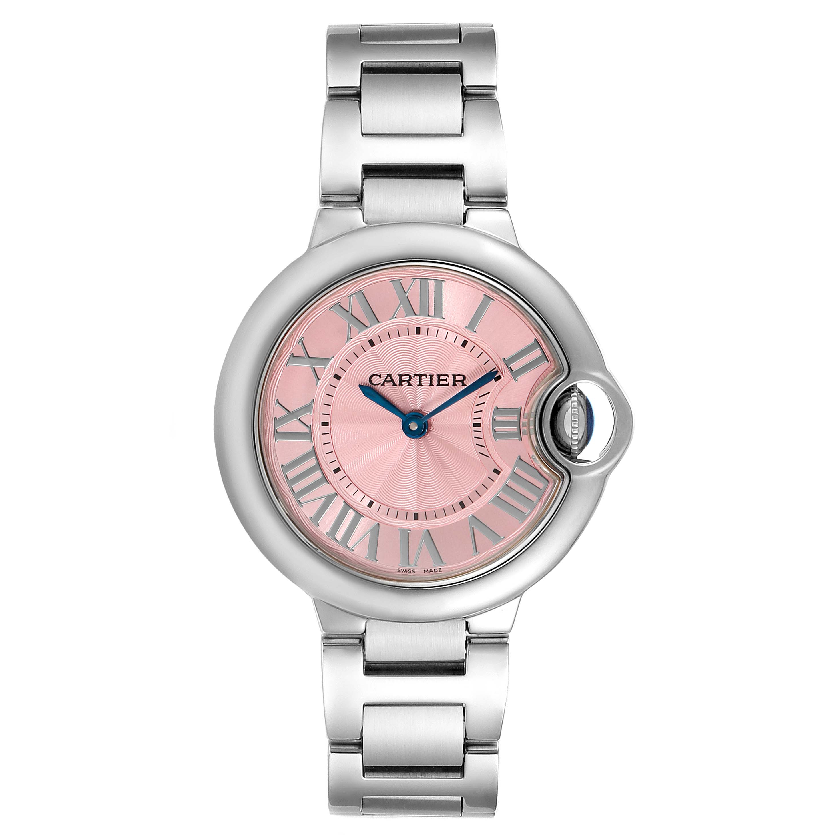 The image shows a front view of the Cartier Ballon Bleu WSBB0033 Women's Stainless Steel Pink Dial WSBB0033 Women's Stainless Steel Pink Dial watch, highlighting its pink dial, blue hands, and stainless steel bracelet.
