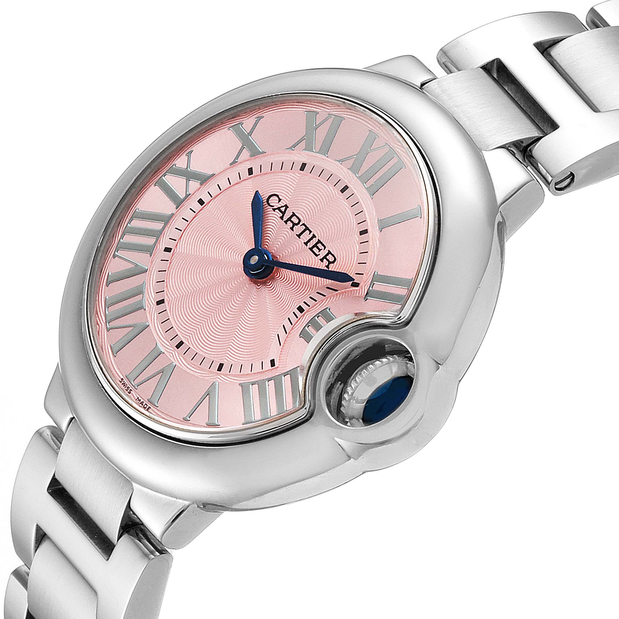 The image shows a close-up of the dial and part of the bracelet of a Cartier Ballon Bleu WSBB0033 Women's Stainless Steel Pink Dial WSBB0033 Women's Stainless Steel Pink Dial watch from an angled side view.