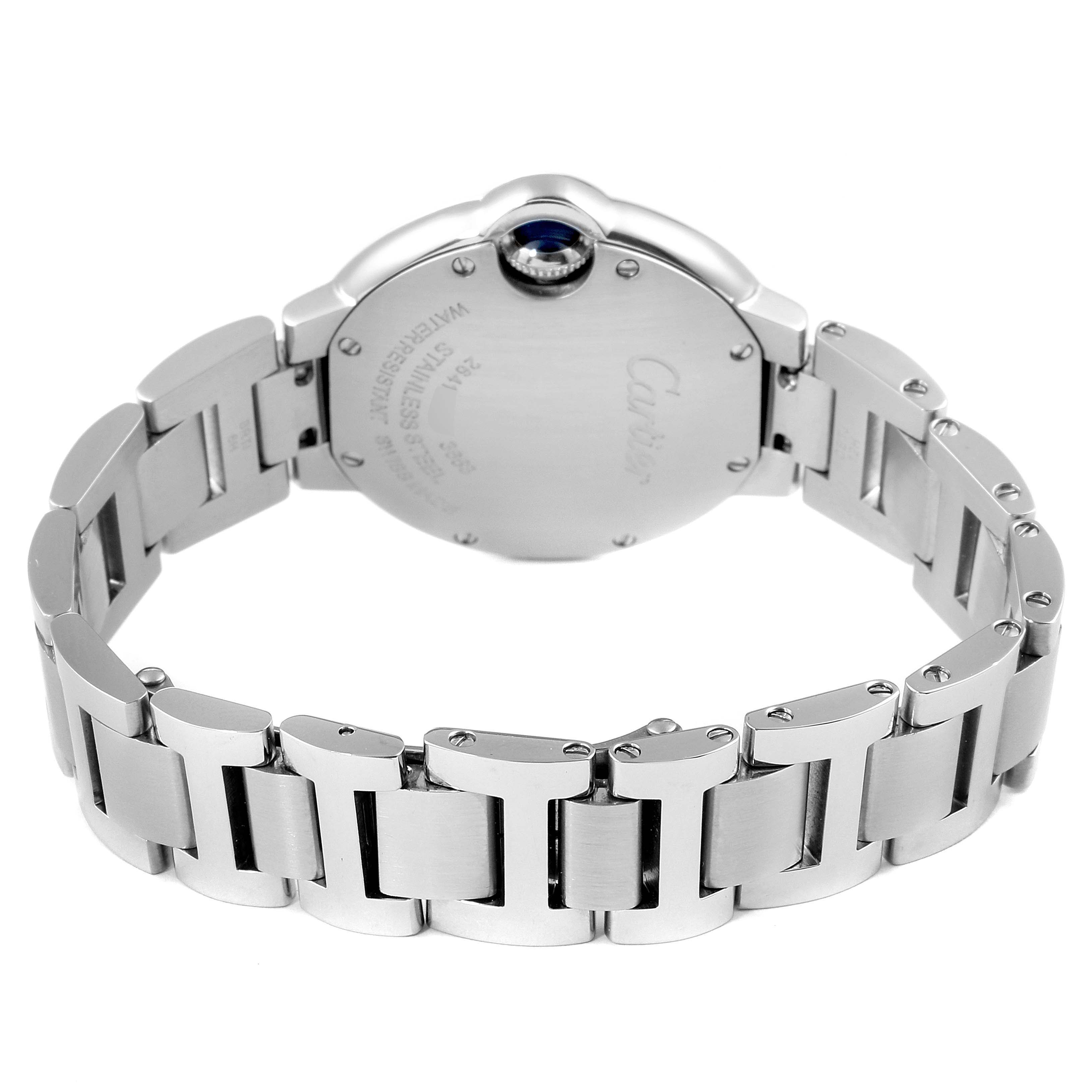 This image shows the back case and bracelet of a Ballon Bleu watch by Cartier from a rear angle.