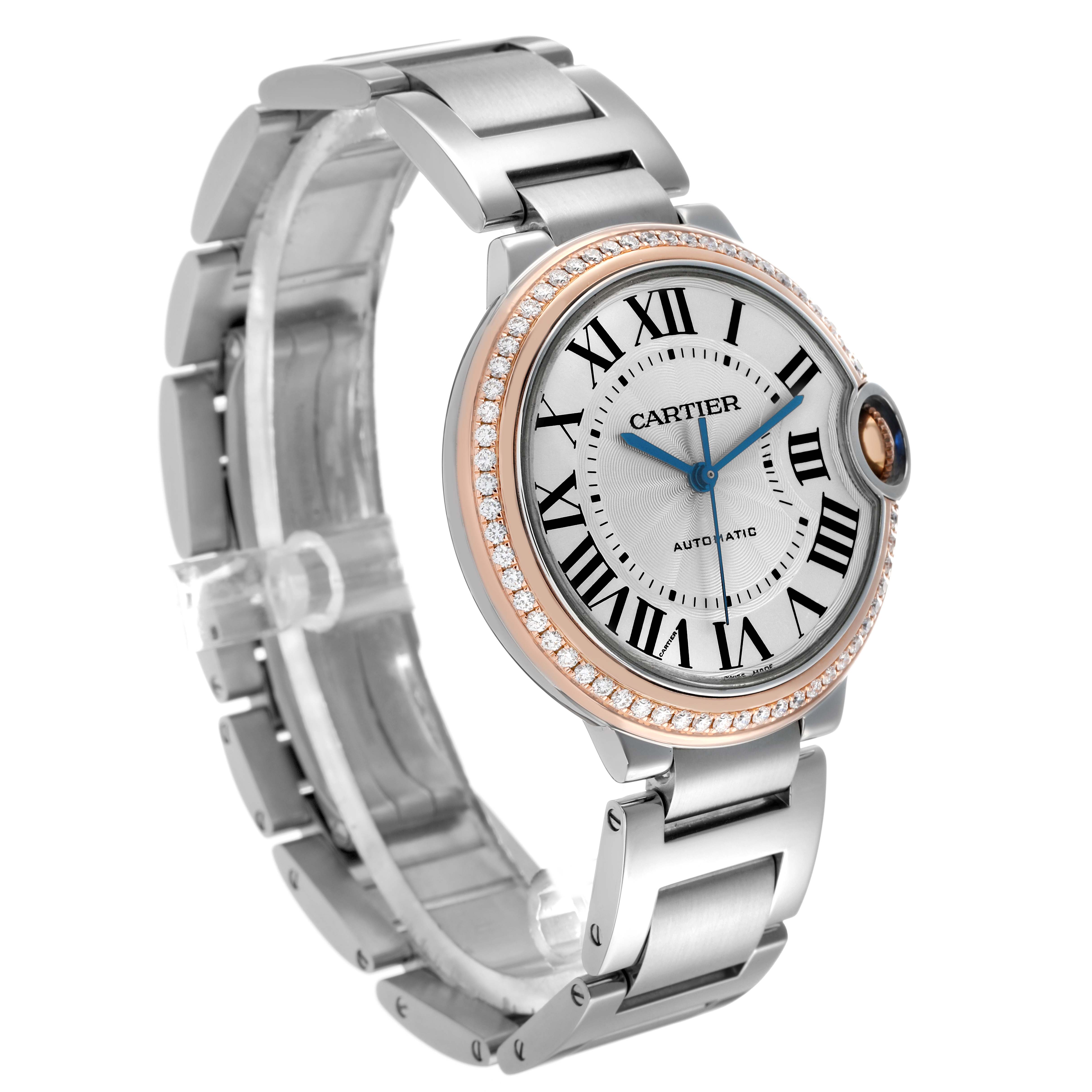 The Cartier Ballon Bleu WE902081 Women's Steel and Gold (two tone) Silver Dial watch is shown at a slight angle, highlighting the face, crown, bracelet, and diamond bezel.
