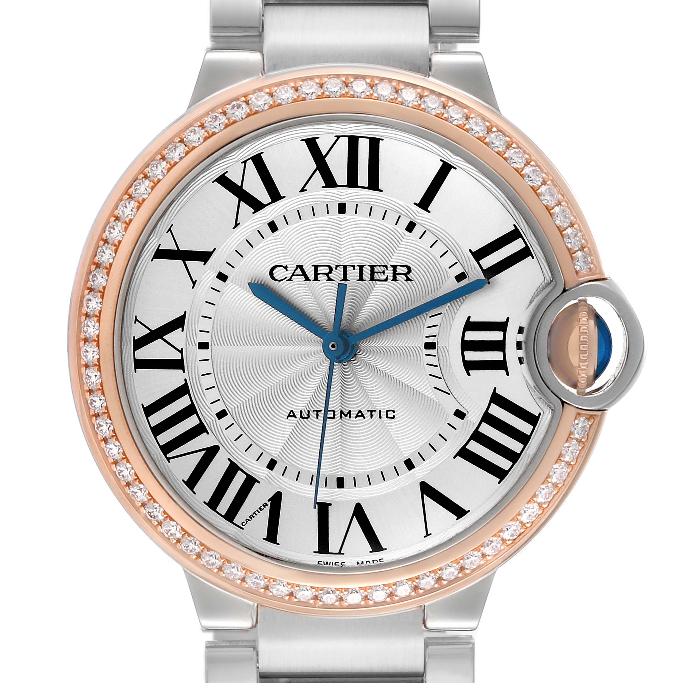 The Cartier Ballon Bleu WE902081 Women's Steel and Gold (two tone) Silver Dial watch is shown from a front angle, featuring the dial, Roman numerals, and diamond-set bezel.