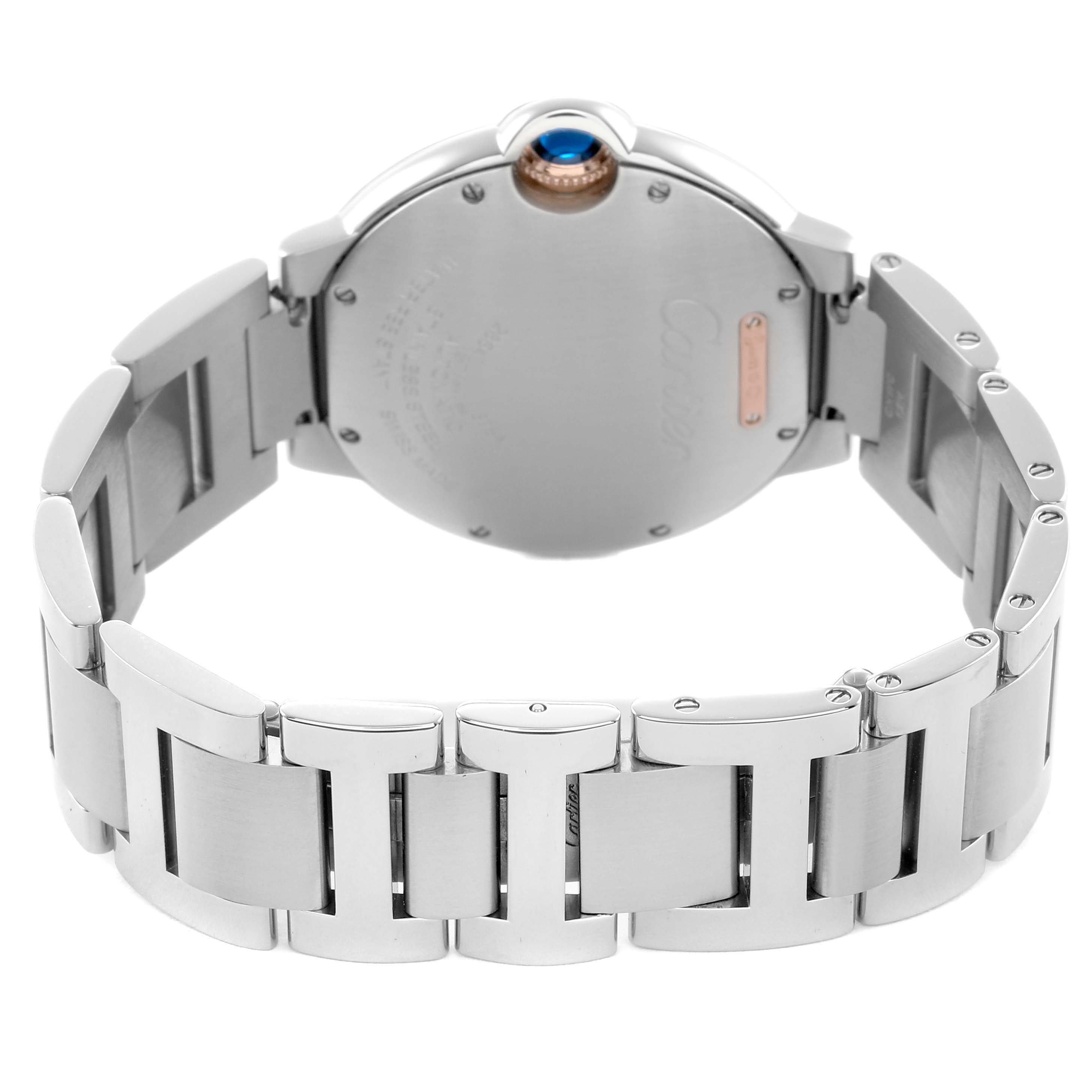 The image shows the back of a Cartier Ballon Bleu WE902081 Women's Steel and Gold (two tone) Silver Dial watch, highlighting the bracelet and case back.