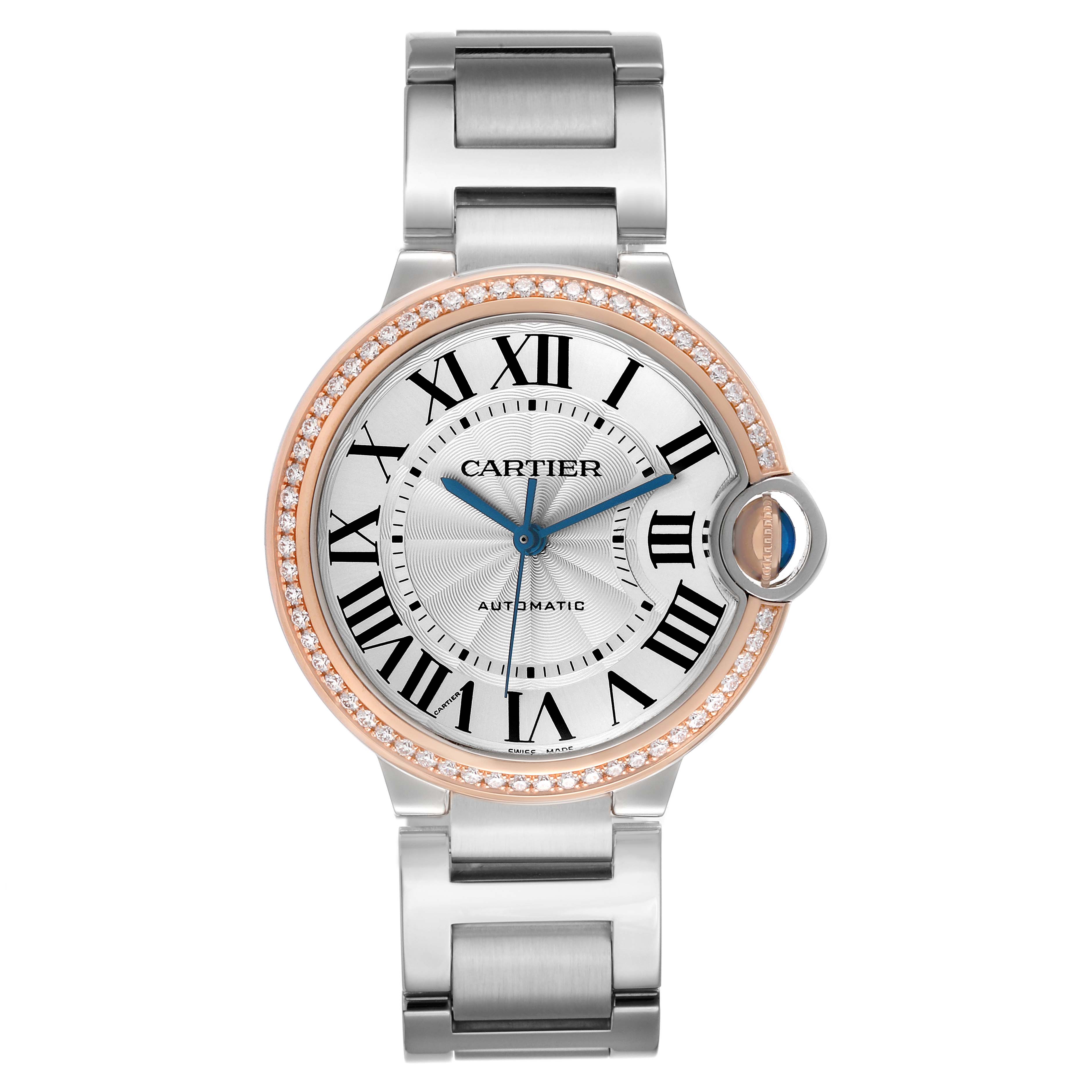 The Cartier Ballon Bleu WE902081 Women's Steel and Gold (two tone) Silver Dial watch is shown from a frontal angle, highlighting the face, bezel, and bracelet.