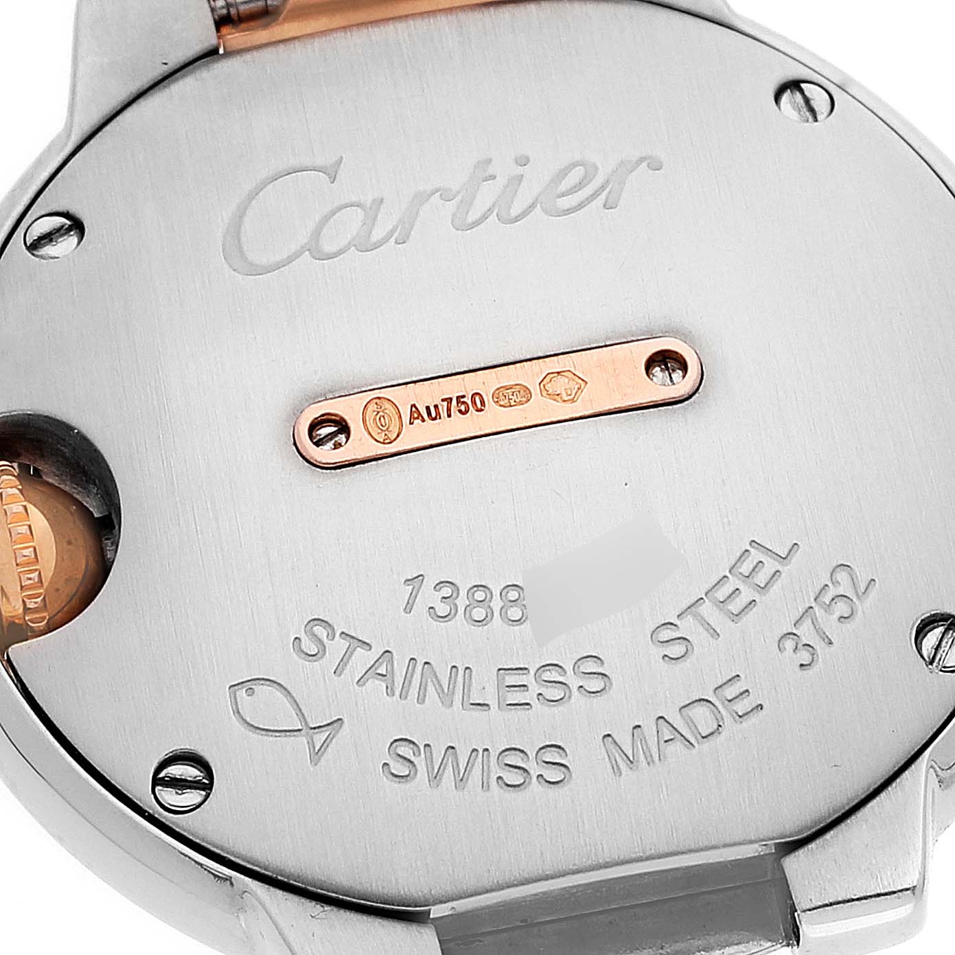 This image shows the back case of the Cartier Ballon Bleu W3BB0009 Women's Steel and Gold (two tone) Silver Dial W3BB0009 Women's Steel and Gold (two tone) Silver Dial watch, highlighting its stainless steel material and hallmark engravings.
