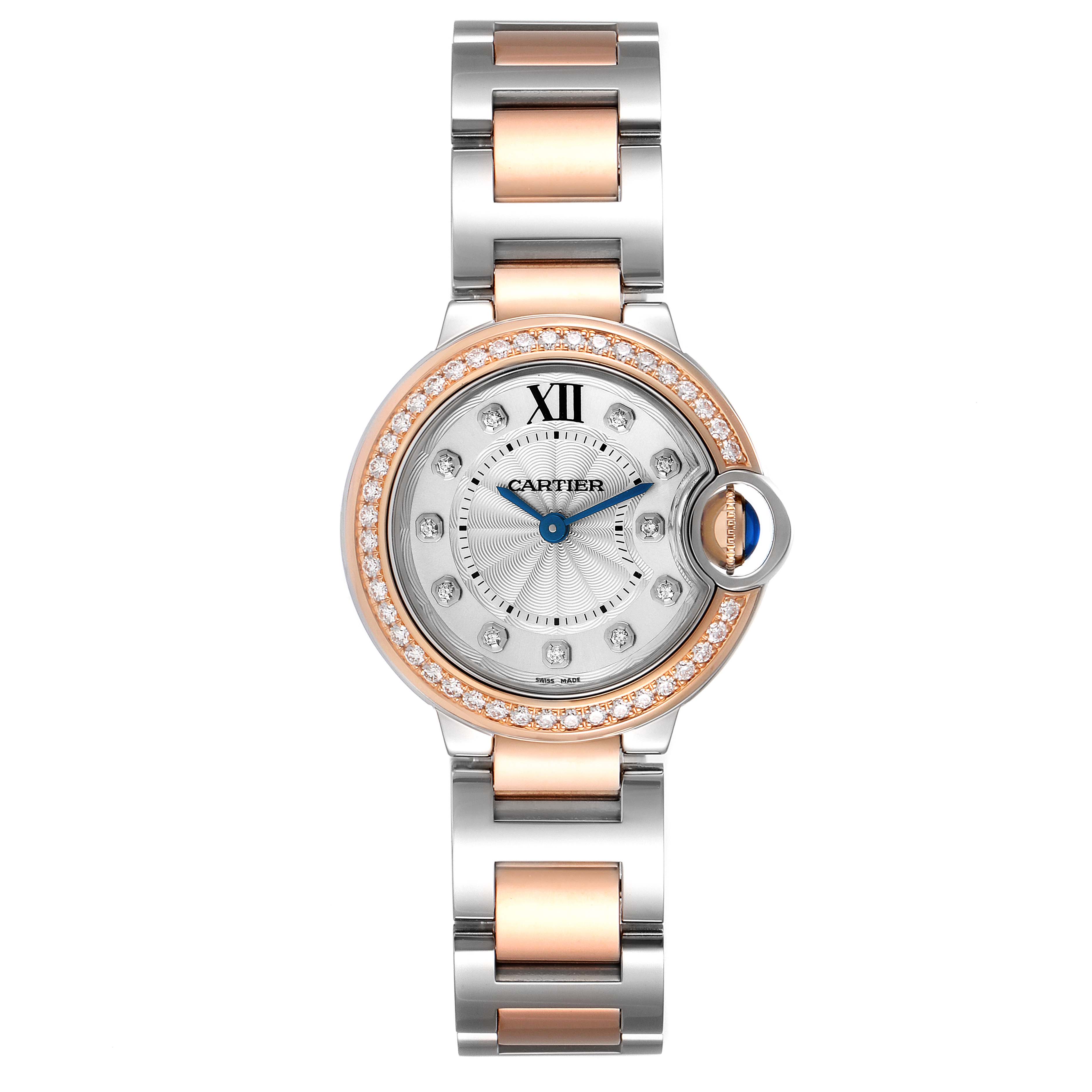 The image shows a frontal view of the Ballon Bleu model by Cartier, highlighting the face, bezel, and full bracelet.