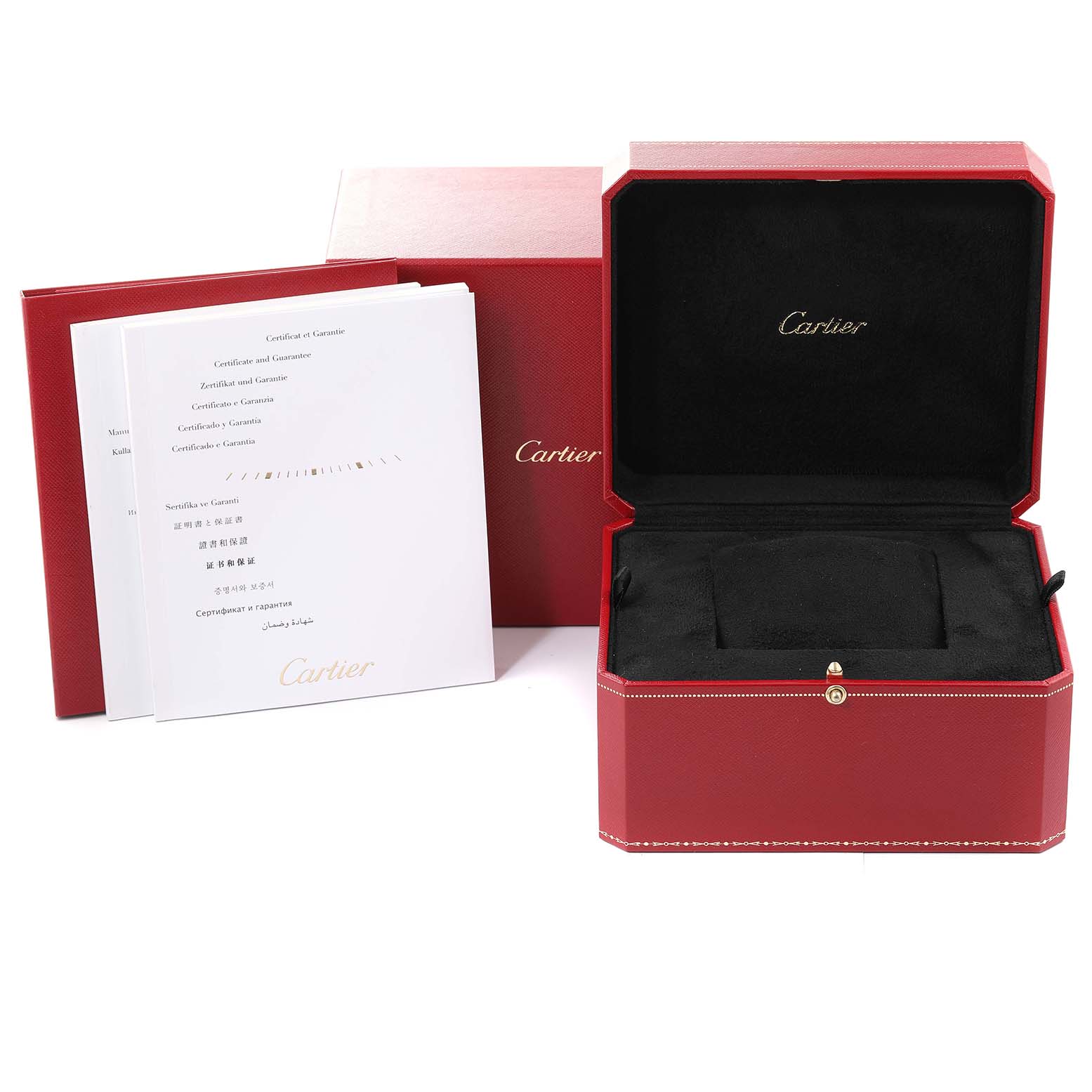 The image shows the Cartier Ballon Bleu W3BB0009 Women's Steel and Gold (two tone) Silver Dial W3BB0009 Women's Steel and Gold (two tone) Silver Dial watch's open box, warranty booklets, and outer packaging from the front angle.