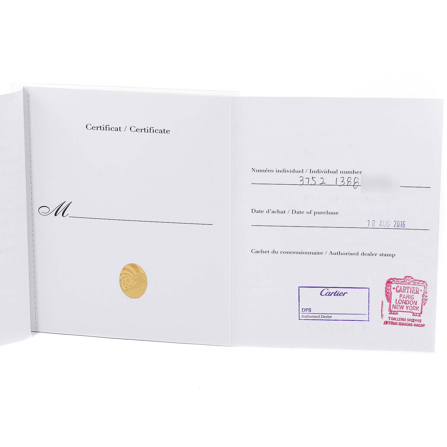 The image shows the open certificate of authenticity for the Cartier Ballon Bleu W3BB0009 Women's Steel and Gold (two tone) Silver Dial W3BB0009 Women's Steel and Gold (two tone) Silver Dial model, displaying the purchase date and dealer stamp.