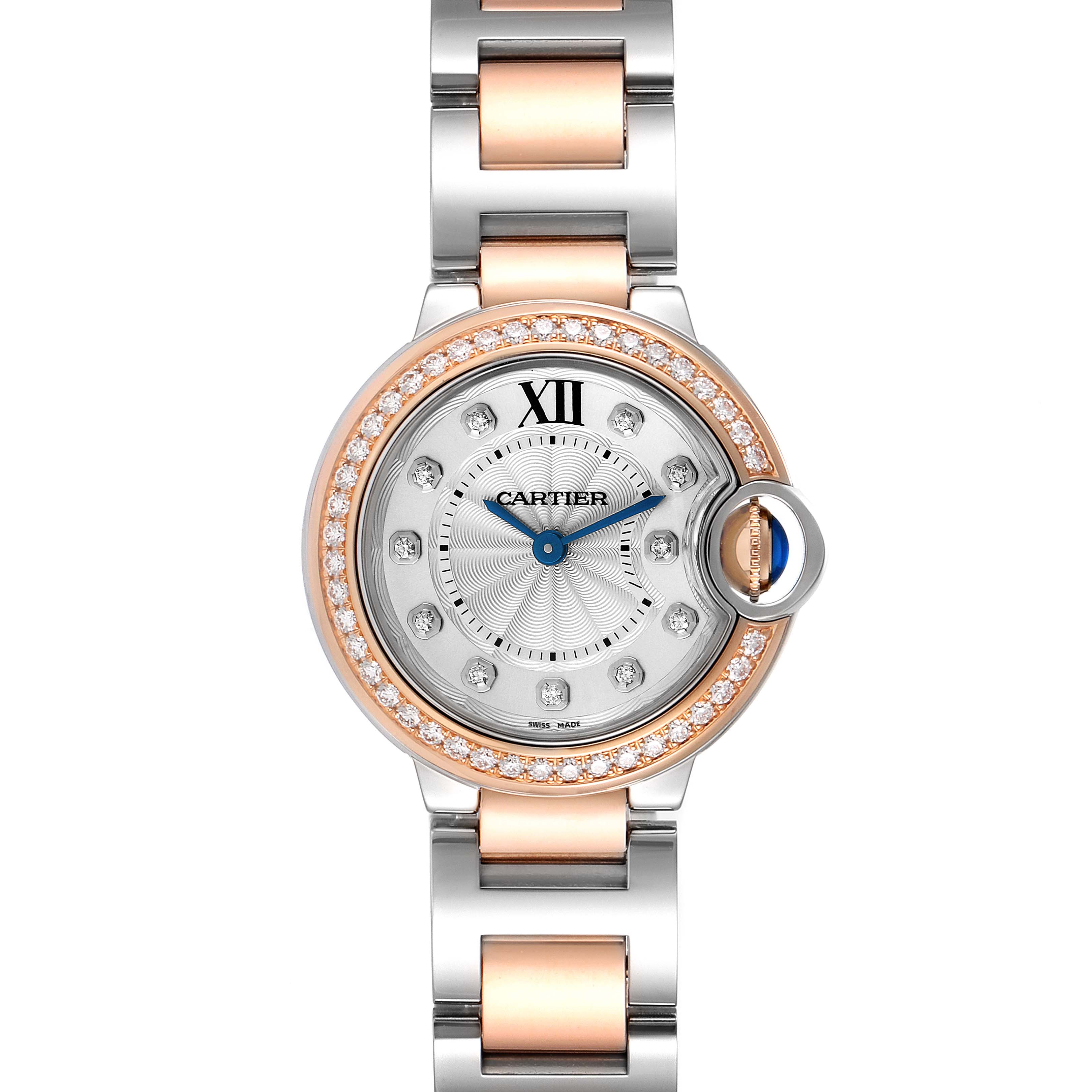 The image shows a Cartier Ballon Bleu W3BB0009 Women's Steel and Gold (two tone) Silver Dial W3BB0009 Women's Steel and Gold (two tone) Silver Dial model watch in a straight-on view, showcasing its face, bezel, and part of its bracelet.
