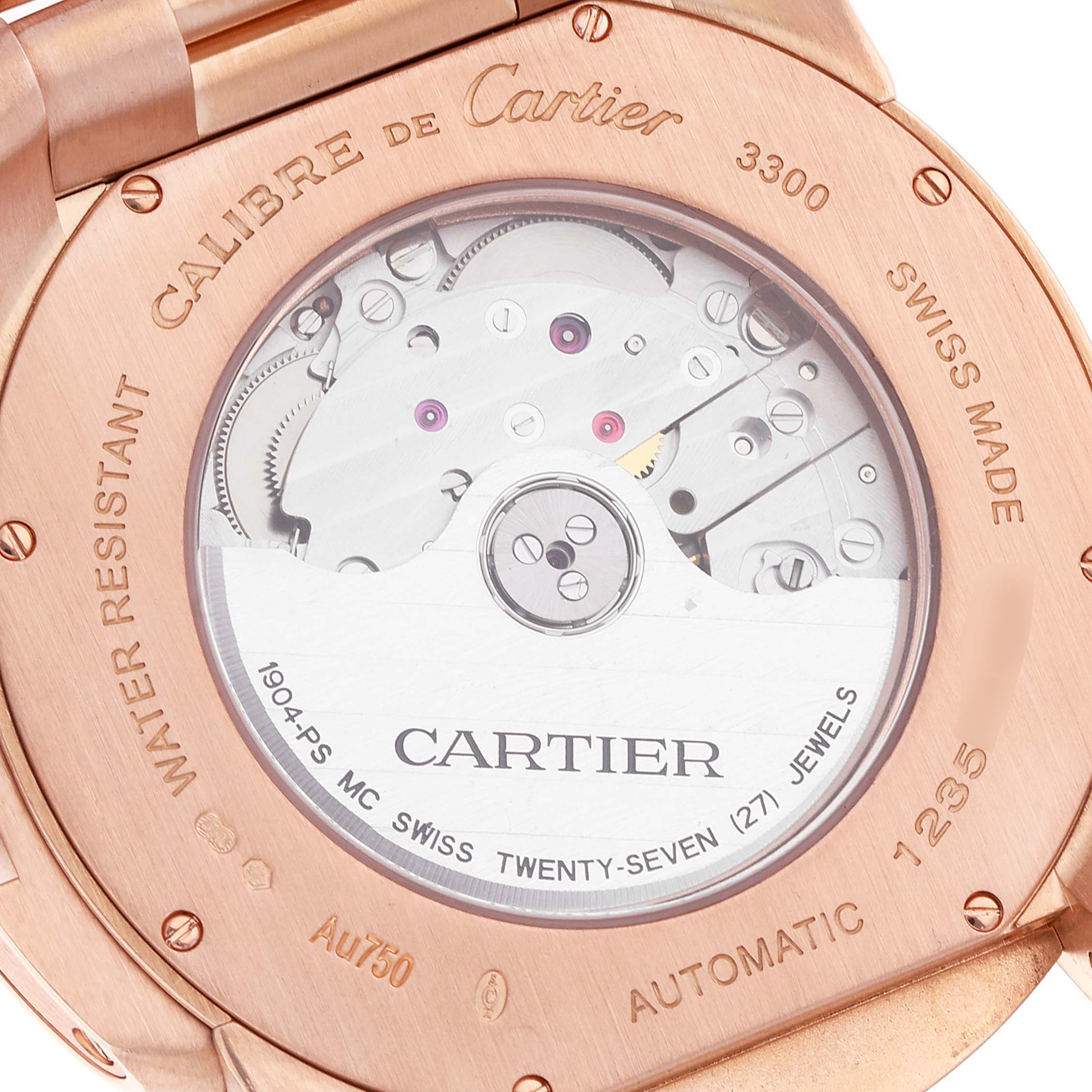 This image shows the back view of a Calibre de Cartier watch by Cartier, highlighting its automatic movement.