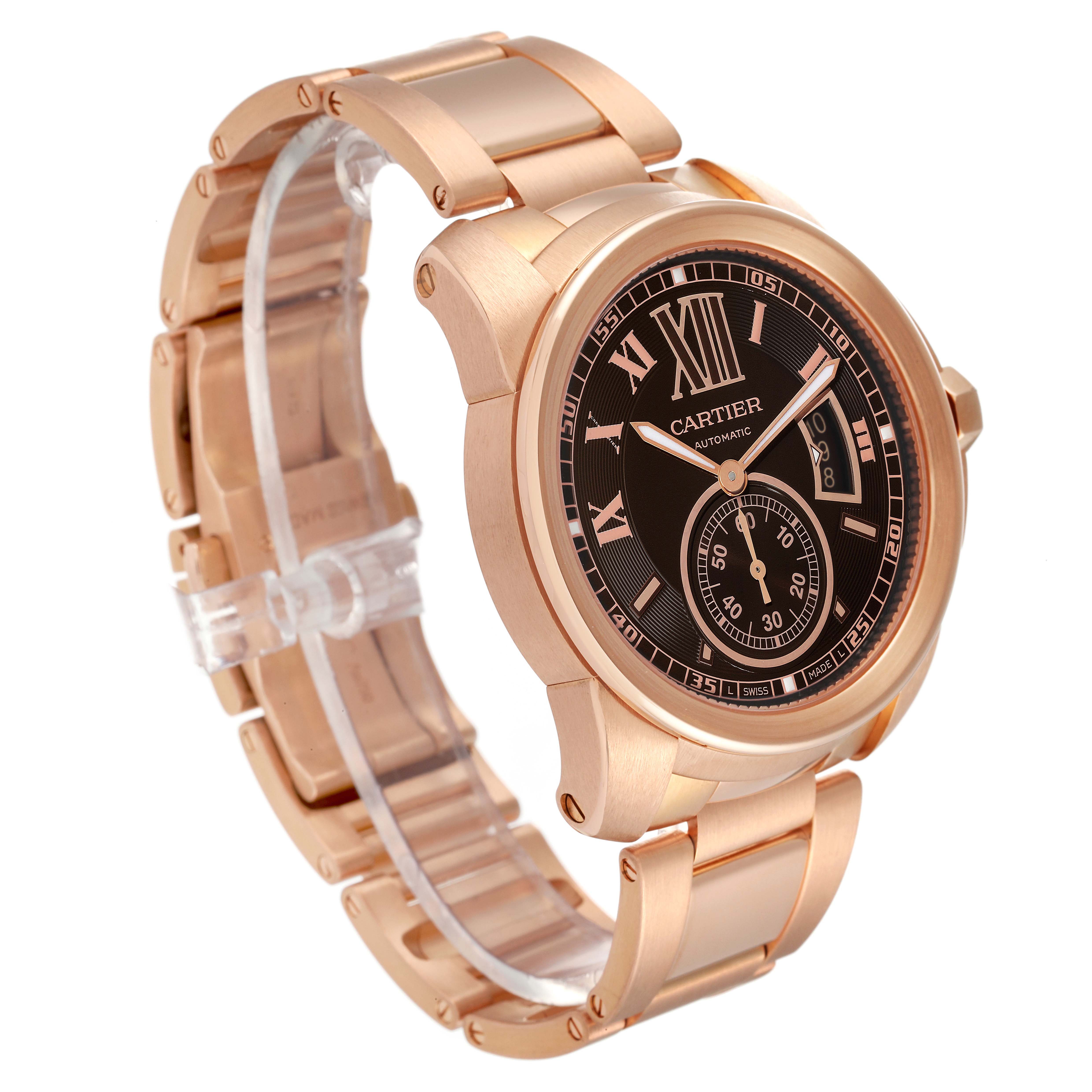 This is a side-angle view of a Calibre de Cartier watch by Cartier, showcasing the face, bezel, and part of the bracelet.