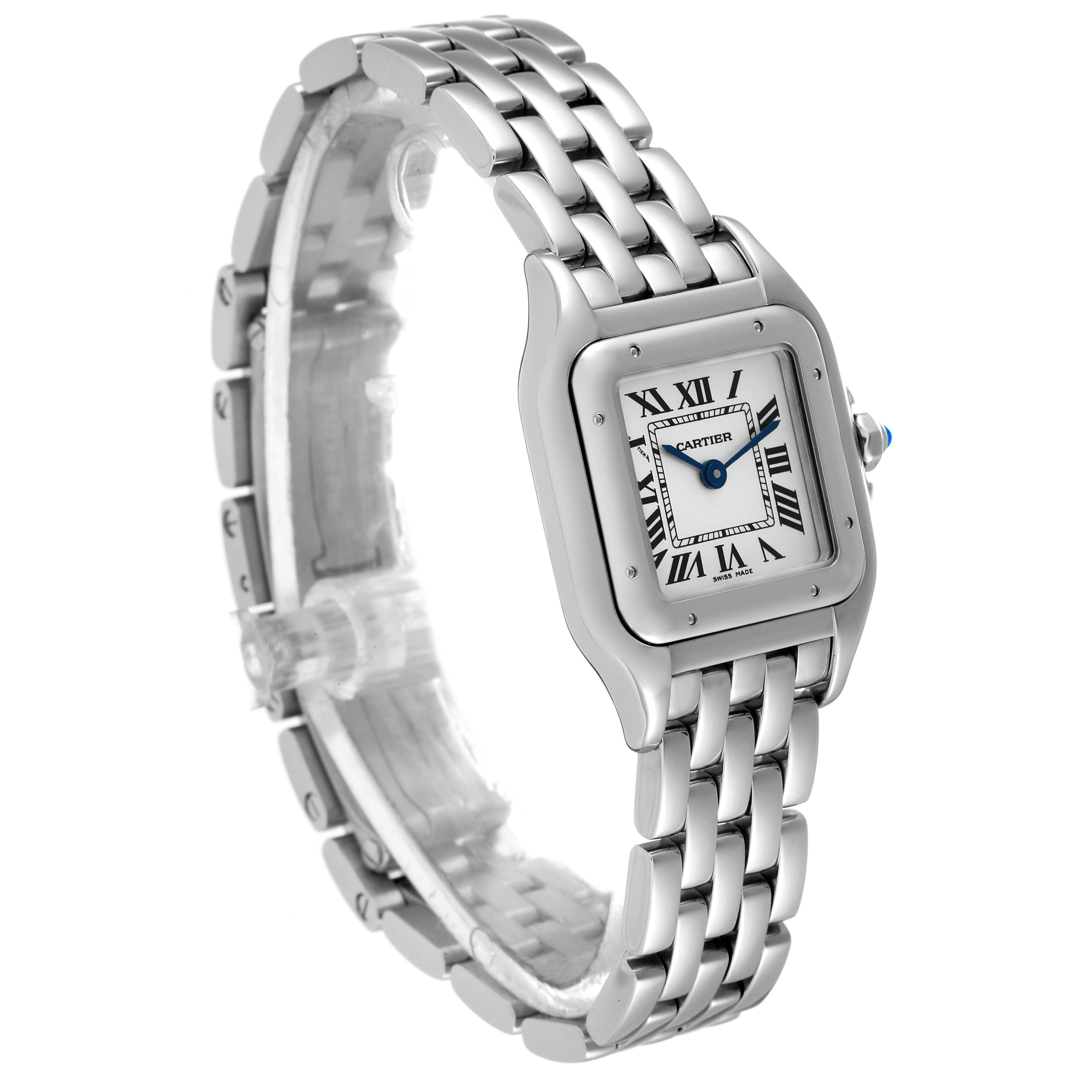 The image shows a side and angled view of the Cartier Panthere WSPN0006 Women's Stainless Steel Silver Dial WSPN0006 Women's Stainless Steel Silver Dial watch, displaying its face and metal bracelet.