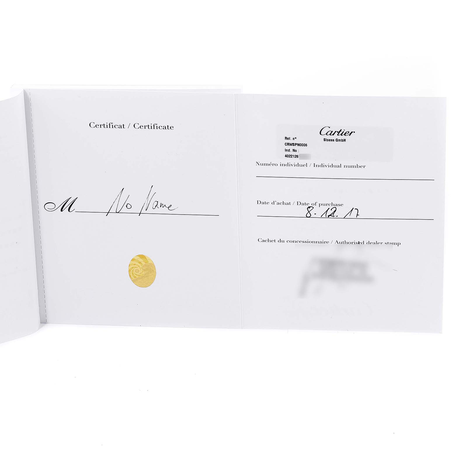 This image shows the opened certificate booklet for a Cartier Panthere WSPN0006 Women's Stainless Steel Silver Dial WSPN0006 Women's Stainless Steel Silver Dial model watch, displaying purchase details and authenticity information.