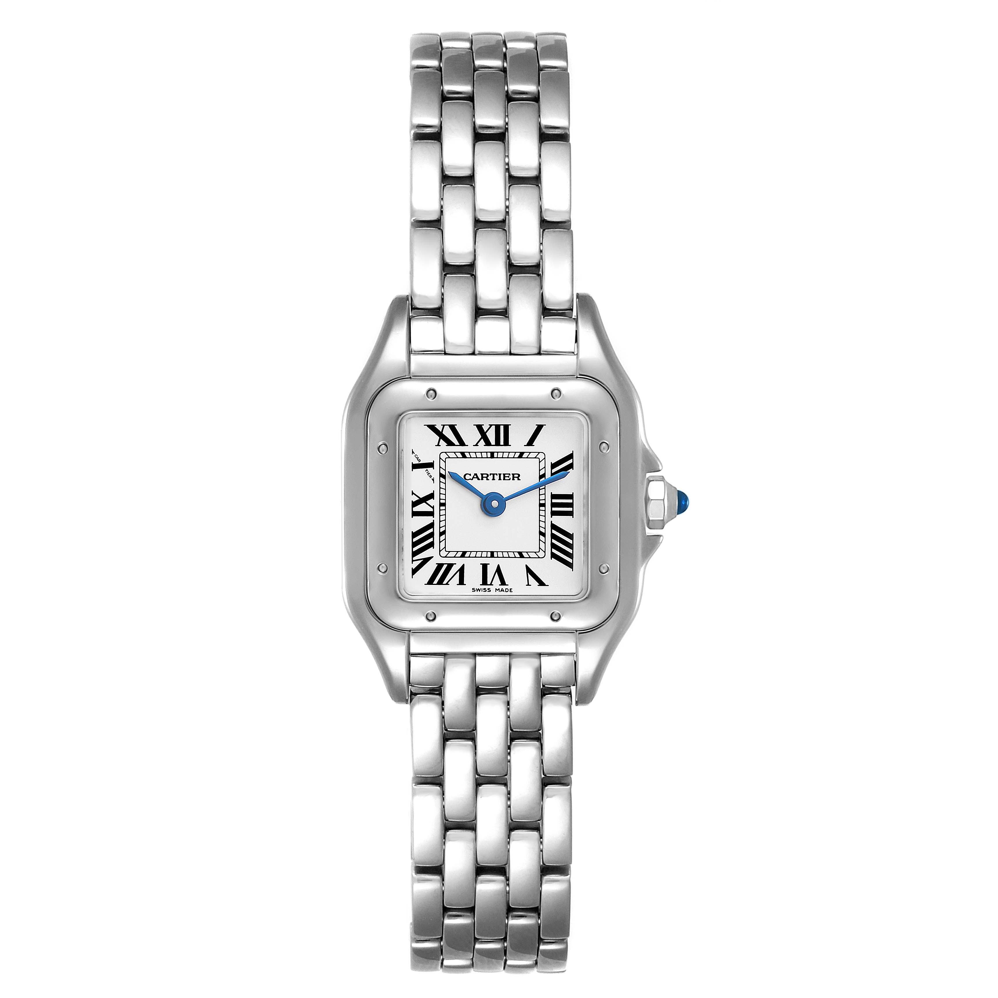 The image shows a front view of a Cartier Panthere WSPN0006 Women's Stainless Steel Silver Dial WSPN0006 Women's Stainless Steel Silver Dial watch, highlighting its square face, Roman numerals, and metal bracelet.