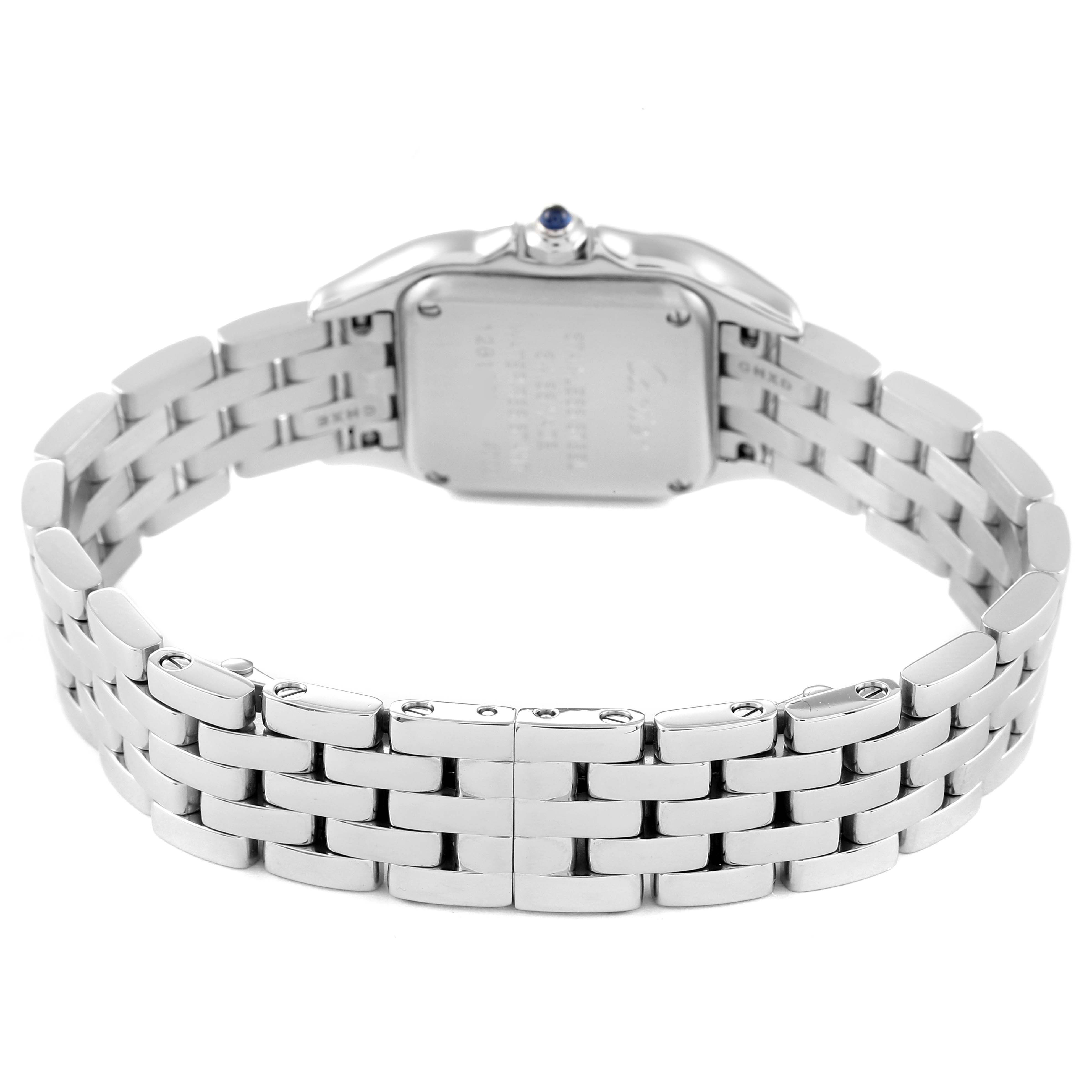 The image shows the back of the Panthere model by Cartier, focusing on the stainless steel bracelet and case back.