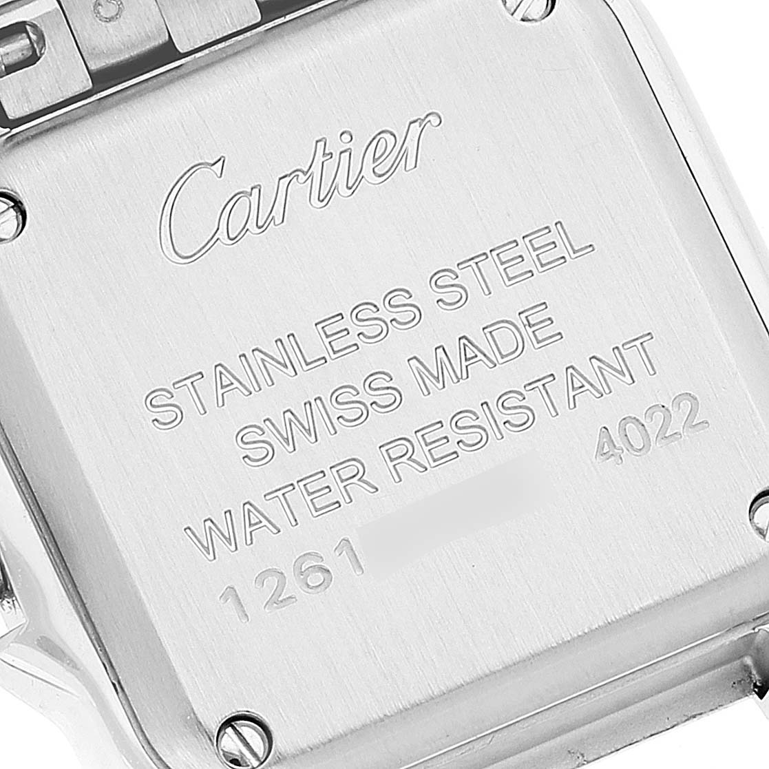 This image shows the case back of a Panthere model by Cartier, highlighting its engravings.