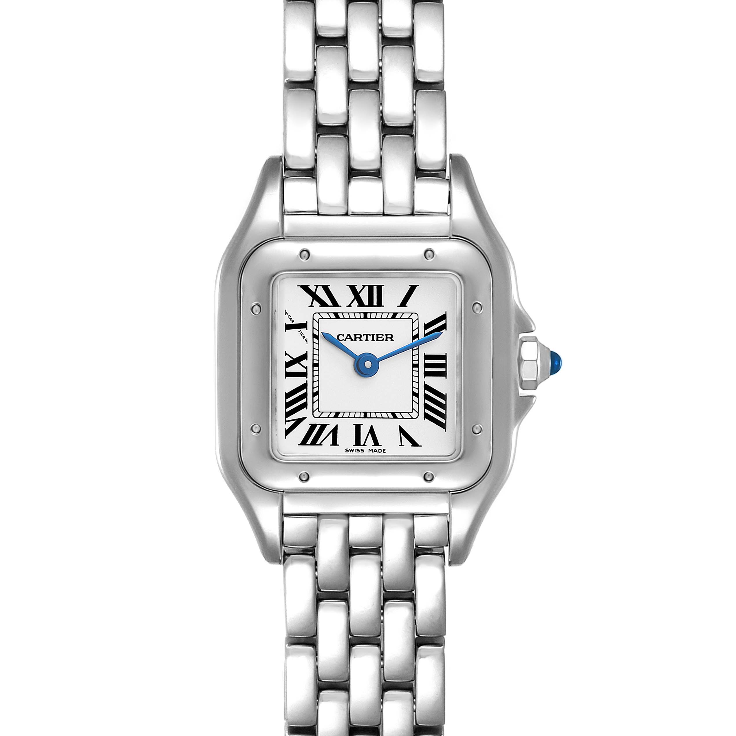 The image shows a front view of a Cartier Panthere WSPN0006 Women's Stainless Steel Silver Dial WSPN0006 Women's Stainless Steel Silver Dial watch, displaying its face and silver-link bracelet.