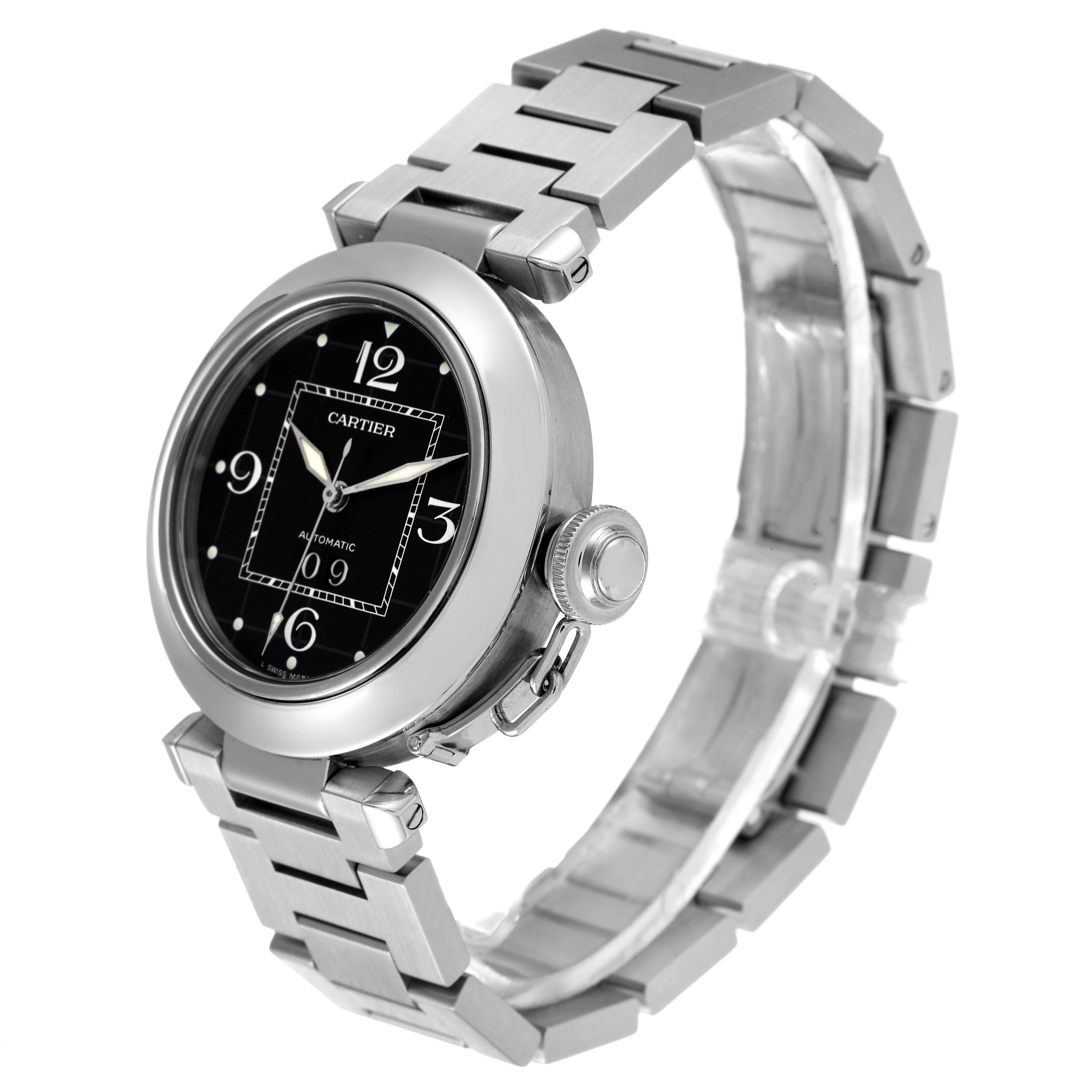 The Cartier Pasha W31053M7 Women's Stainless Steel Black Dial W31053M7 Women's Stainless Steel Black Dial watch is shown at a three-quarter angle, displaying its face, crown, and metal bracelet.