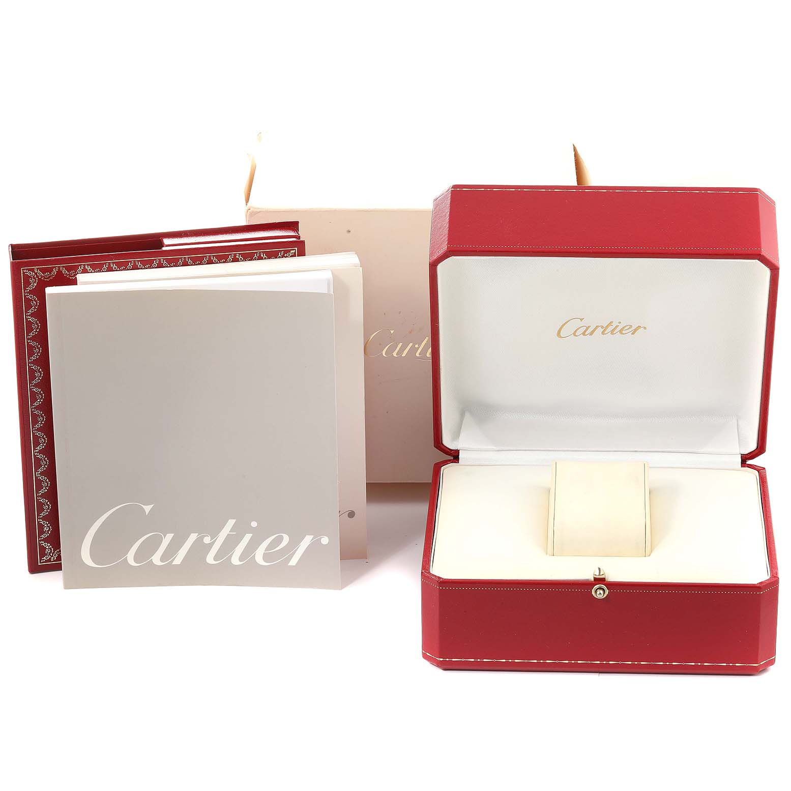 The image shows a Cartier Pasha W31053M7 Women's Stainless Steel Black Dial W31053M7 Women's Stainless Steel Black Dial watch box, an open red case, and accompanying booklets.