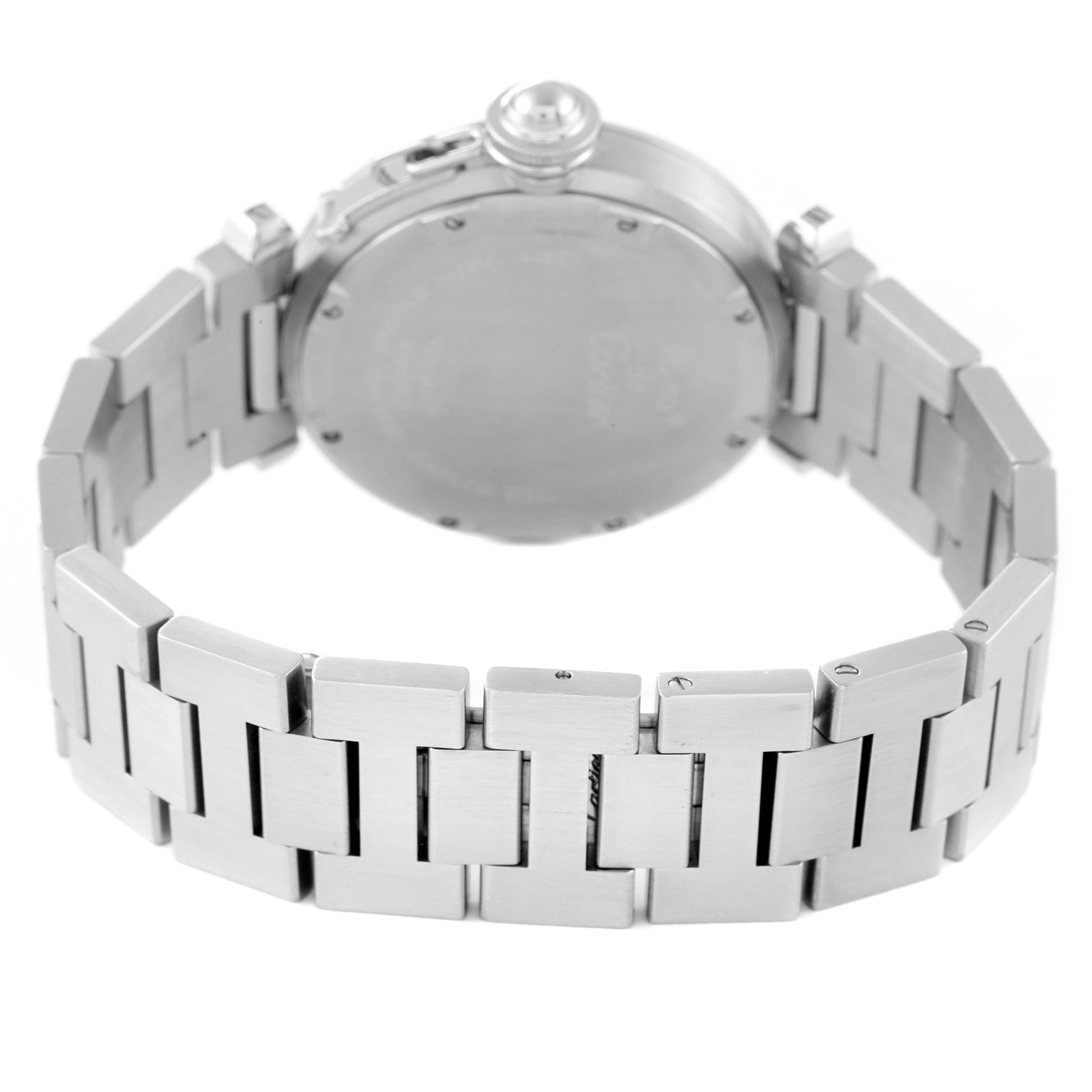 The image shows the back and bracelet of a Cartier Pasha W31053M7 Women's Stainless Steel Black Dial W31053M7 Women's Stainless Steel Black Dial watch.