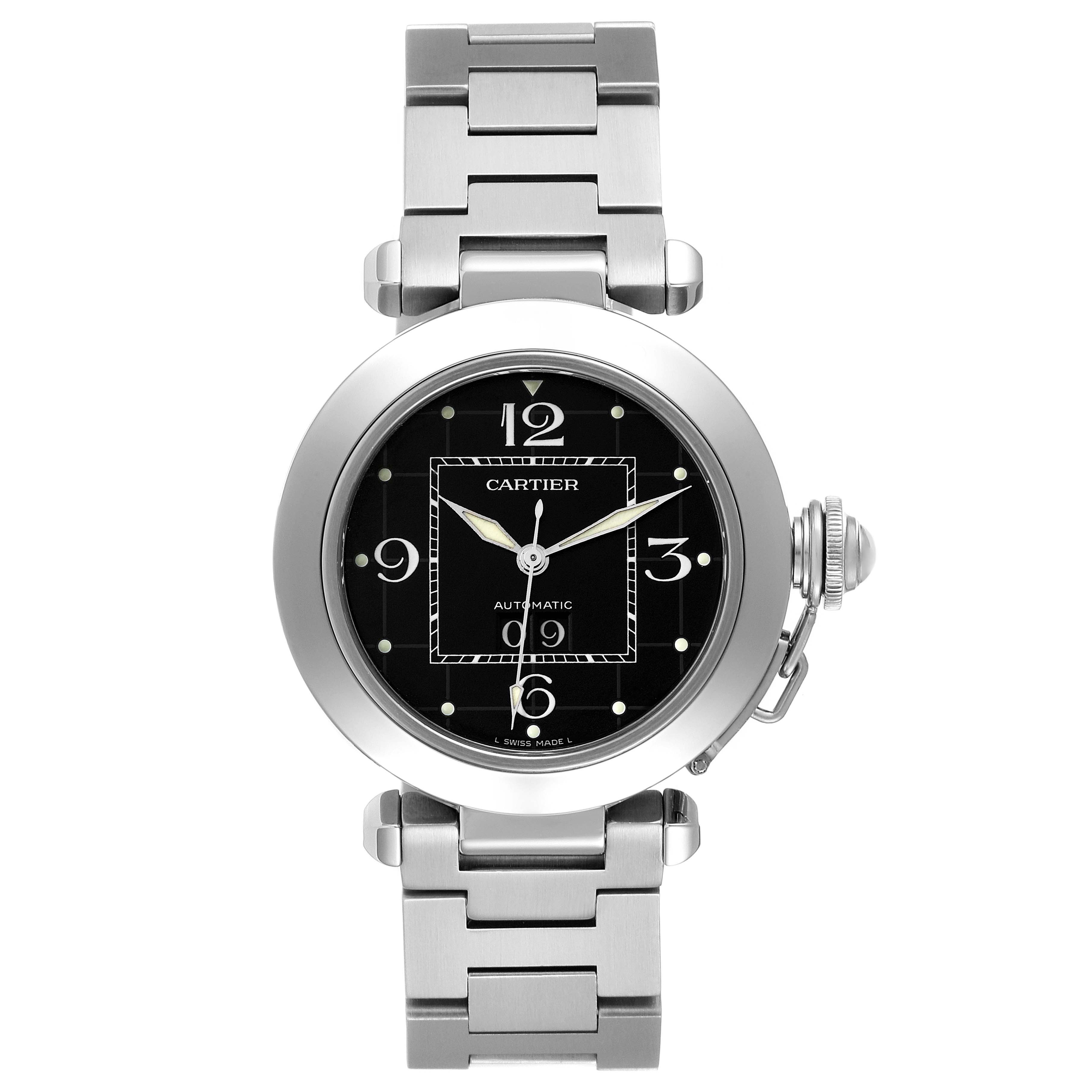 The image shows a front view of a Cartier Pasha W31053M7 Women's Stainless Steel Black Dial W31053M7 Women's Stainless Steel Black Dial watch with a stainless steel bracelet and a black dial.