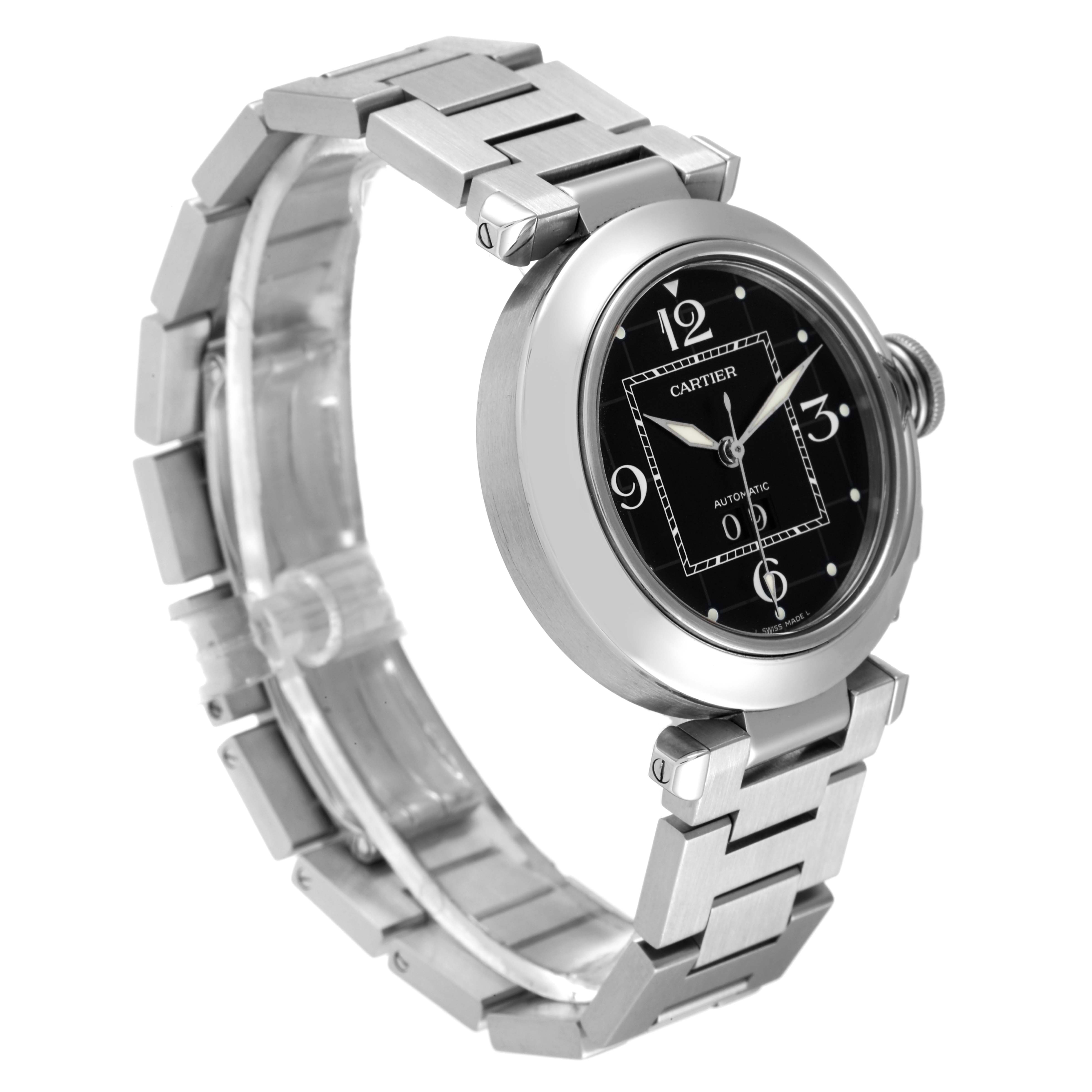 The image shows a side and front angled view of the Cartier Pasha W31053M7 Women's Stainless Steel Black Dial W31053M7 Women's Stainless Steel Black Dial watch, highlighting its bracelet and dial.