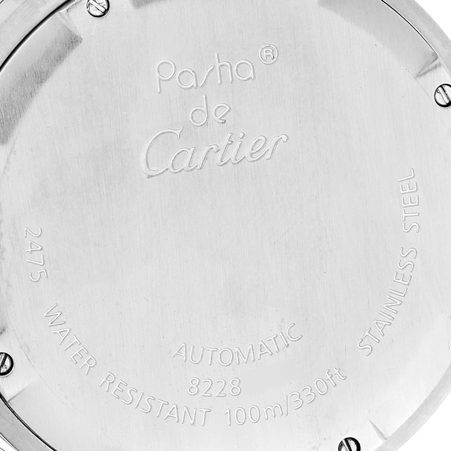 This image shows the back of the Cartier Pasha W31053M7 Women's Stainless Steel Black Dial W31053M7 Women's Stainless Steel Black Dial watch, displaying engravings with model information and specifications.