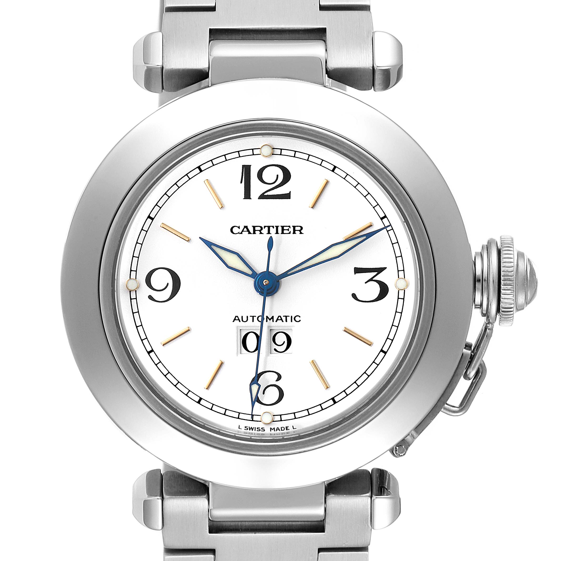 The image shows a front view of the Cartier Pasha W31044M7 Men's Stainless Steel White Dial W31044M7 Men's Stainless Steel White Dial watch, highlighting its round dial, blue hands, and bracelet.