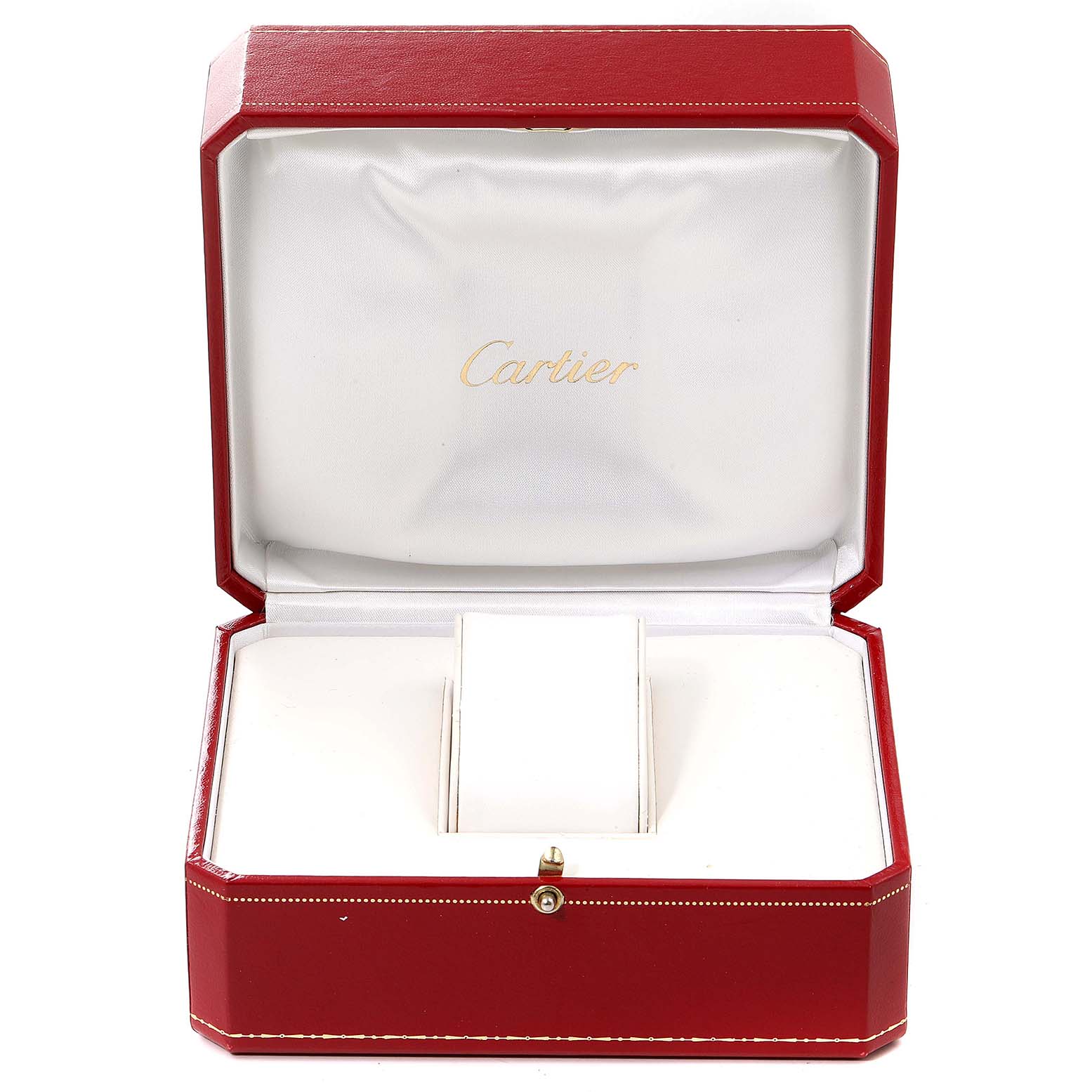 The image shows an empty red Cartier watch box, likely for a Pasha model, with white interior cushioning.