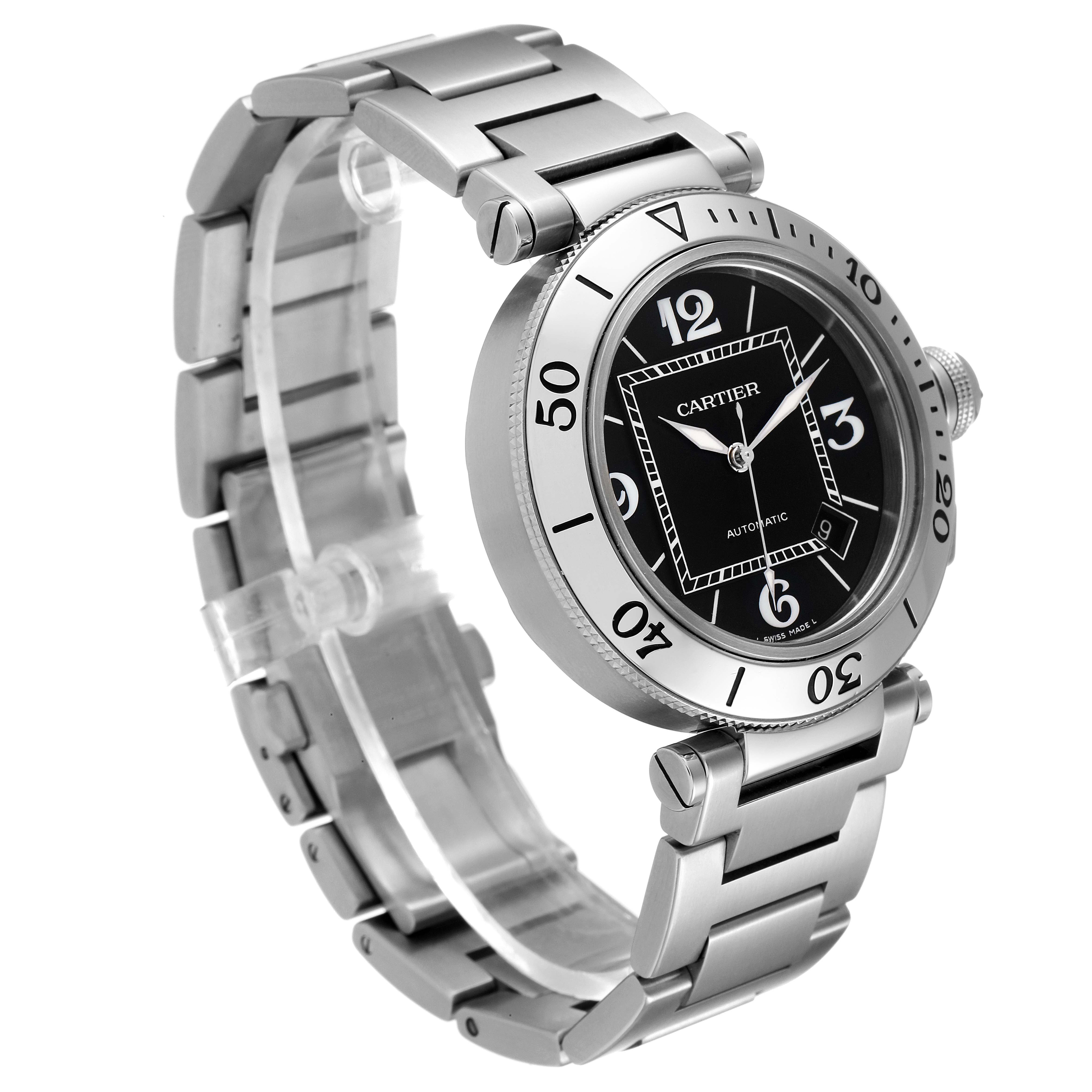 The image shows a side and front view of the Cartier Pasha W31077M7 Men's Stainless Steel Black Dial W31077M7 Men's Stainless Steel Black Dial watch, highlighting its stainless steel bracelet and black dial.