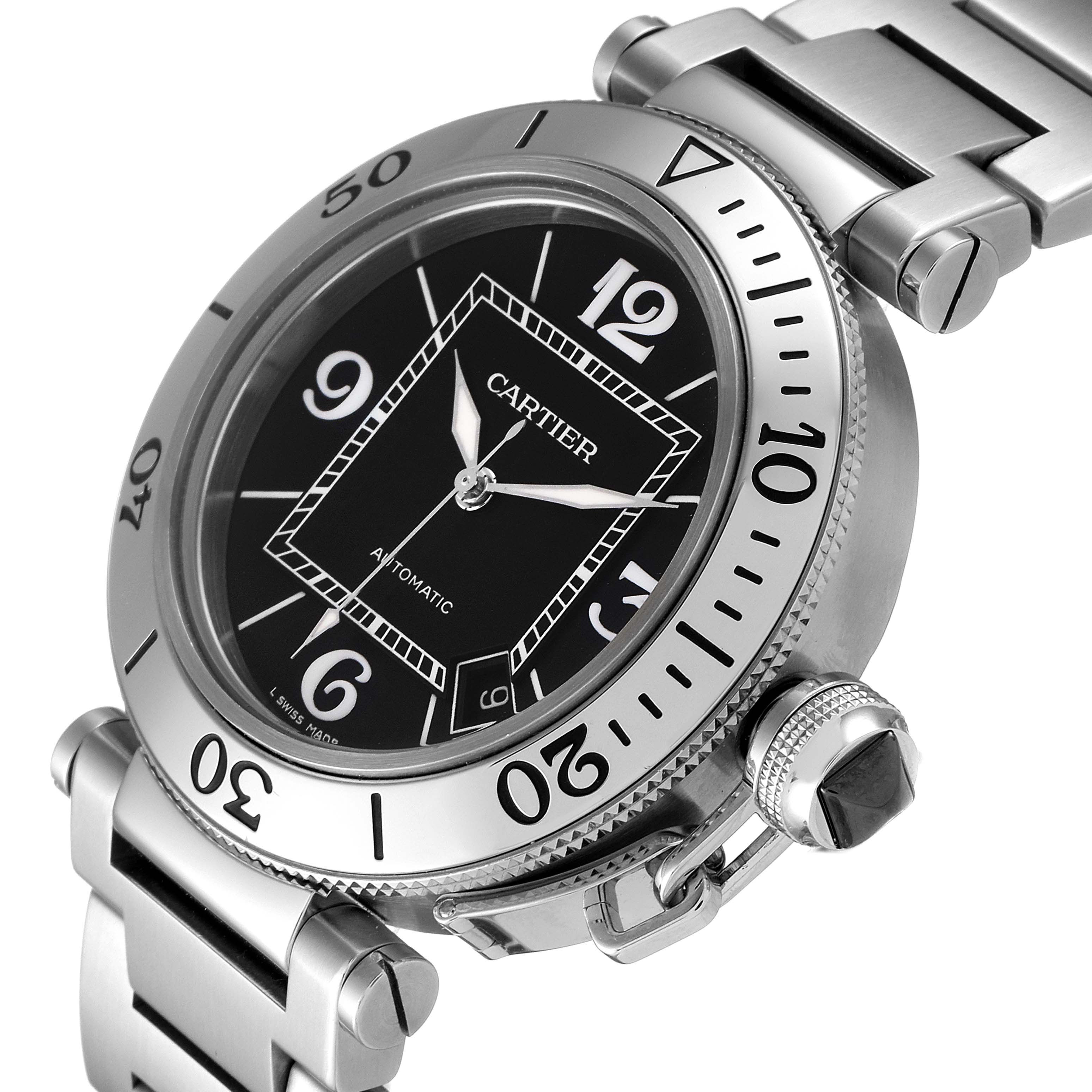 The image shows a close-up of the Cartier Pasha W31077M7 Men's Stainless Steel Black Dial W31077M7 Men's Stainless Steel Black Dial watch face and bracelet from an angled side view.