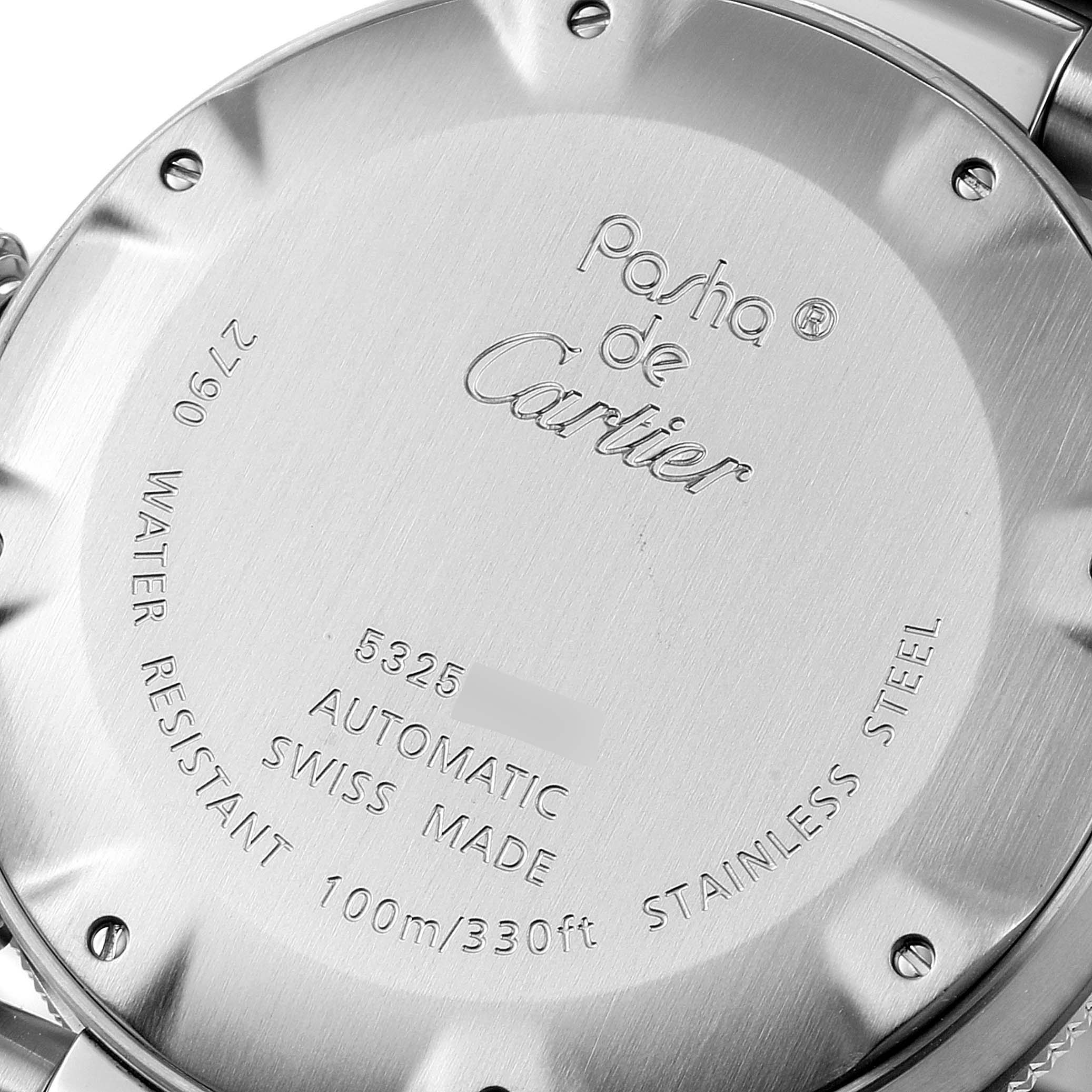 This image shows the back case of a Cartier Pasha W31077M7 Men's Stainless Steel Black Dial W31077M7 Men's Stainless Steel Black Dial watch, displaying its specifications and branding.