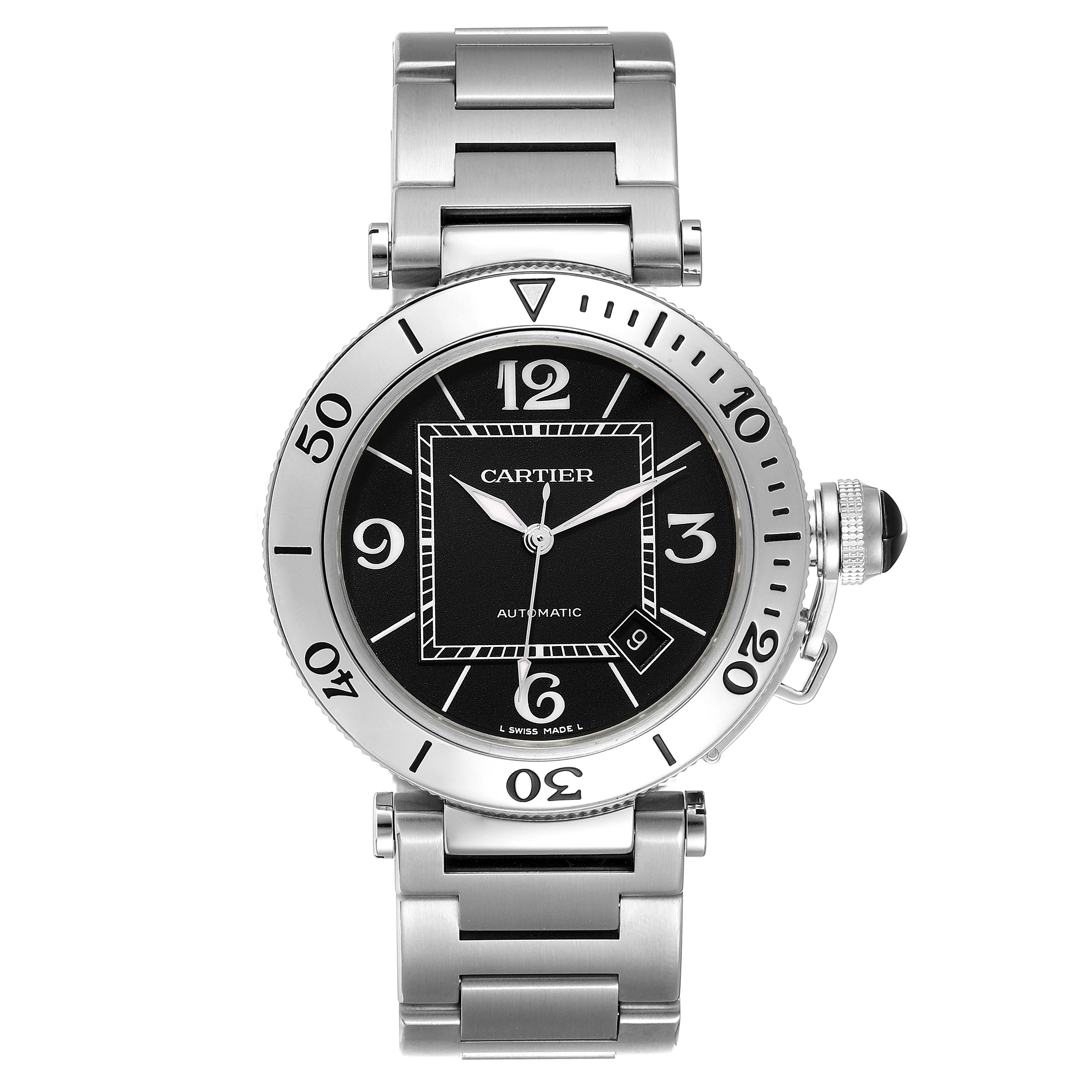 The image shows a front view of a Cartier Pasha W31077M7 Men's Stainless Steel Black Dial W31077M7 Men's Stainless Steel Black Dial watch featuring its dial, bezel, and steel bracelet.