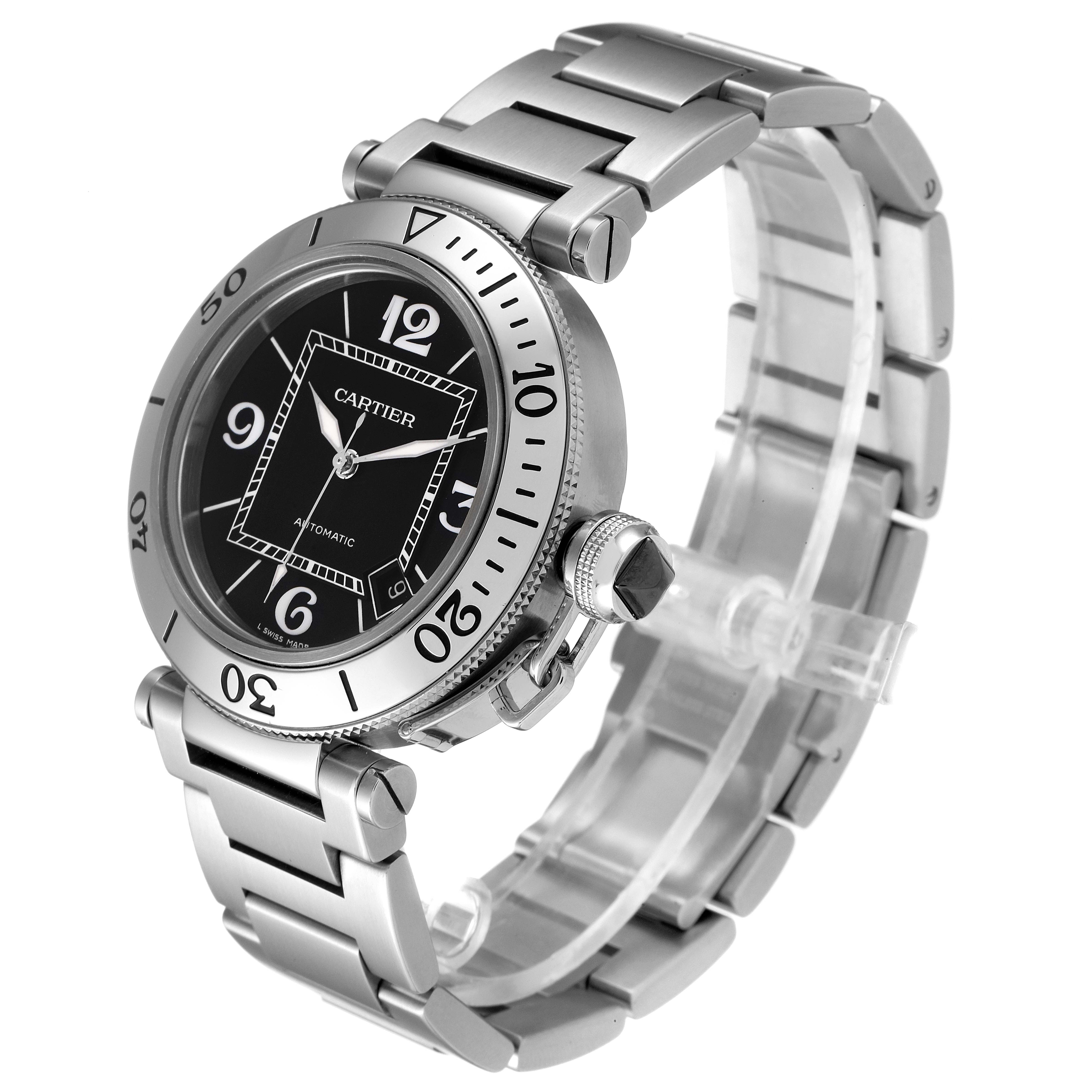 The Cartier Pasha W31077M7 Men's Stainless Steel Black Dial W31077M7 Men's Stainless Steel Black Dial watch is shown from a three-quarter angle, displaying its face, bracelet, and crown.
