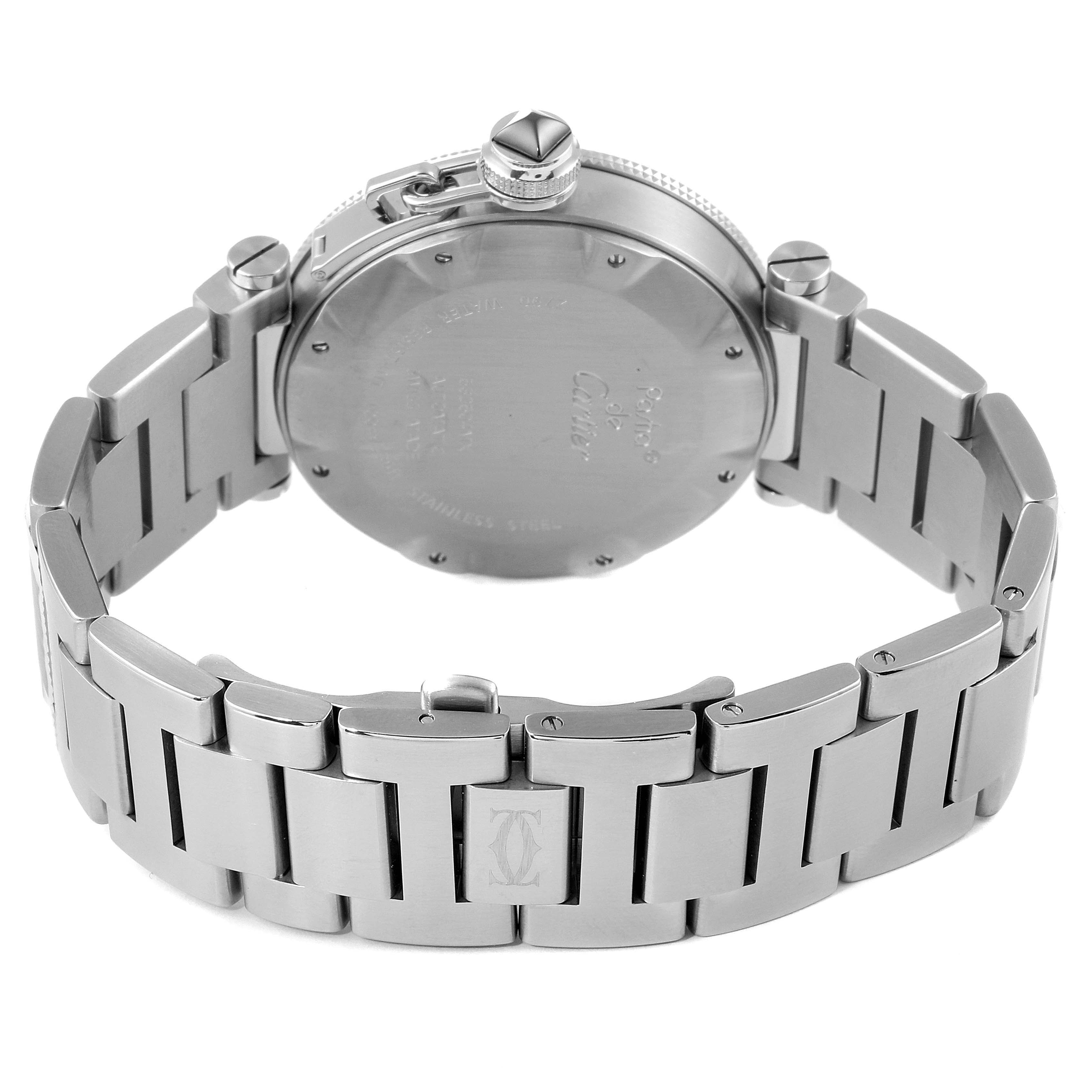 The image shows the back and bracelet of a Cartier Pasha W31077M7 Men's Stainless Steel Black Dial W31077M7 Men's Stainless Steel Black Dial watch from a rear angle.