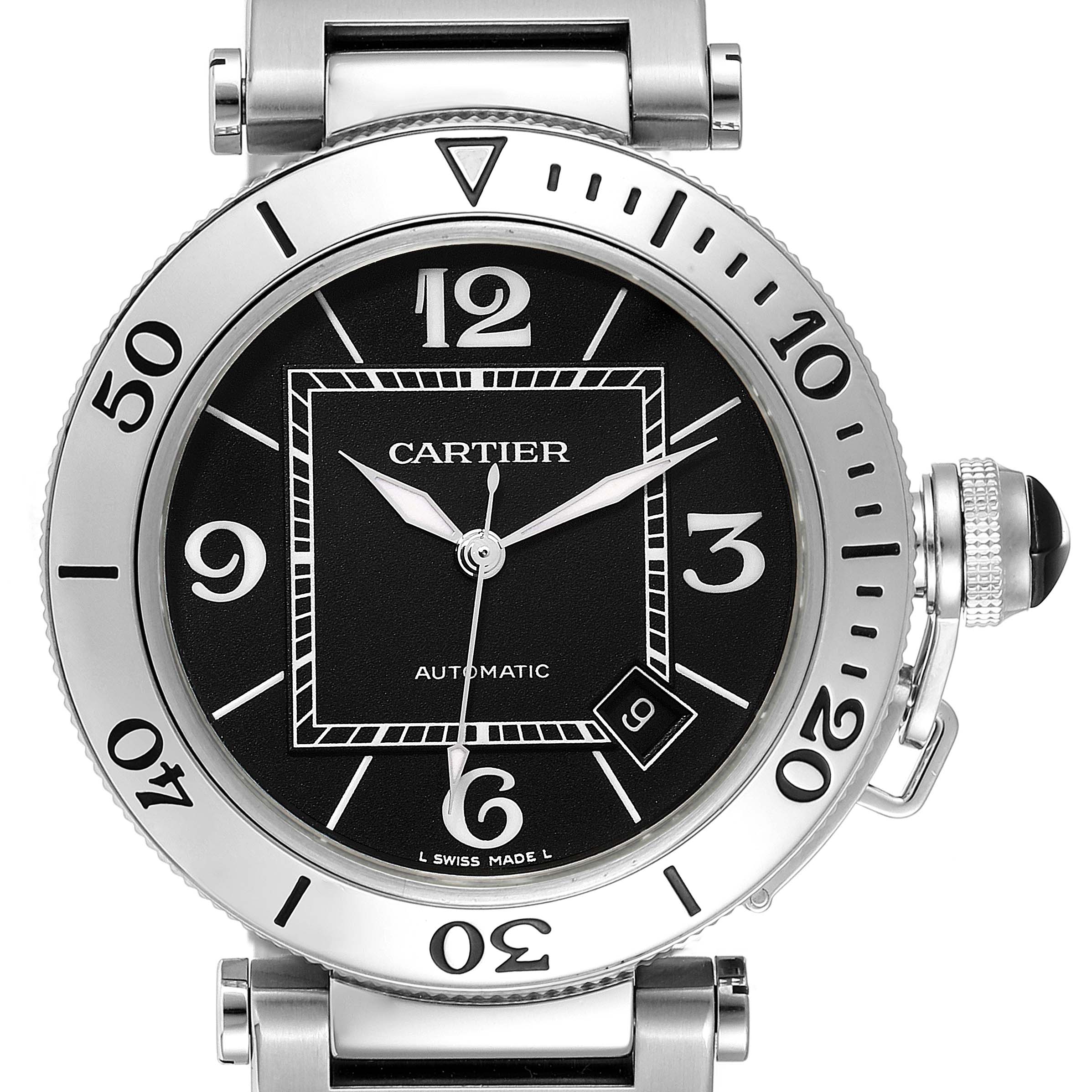 This image shows a front view of the Cartier Pasha W31077M7 Men's Stainless Steel Black Dial W31077M7 Men's Stainless Steel Black Dial model watch, highlighting its face, bezel, and crown.