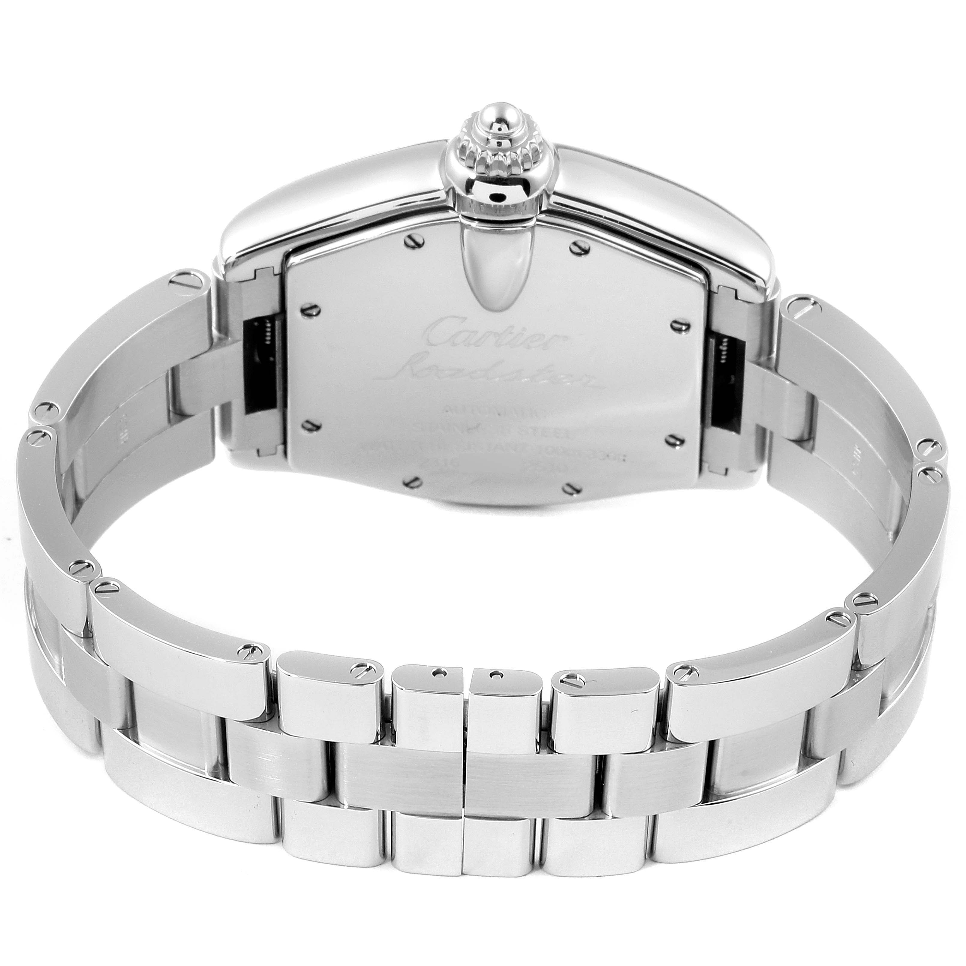 This image shows the back view and bracelet of a Cartier Roadster W62025V3 Men
s Stainless Steel Silver Dial W62025V3 Men
s Stainless Steel Silver Dial watch.