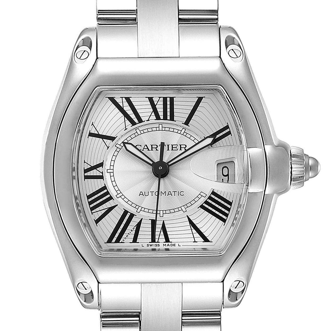 The image shows a front-facing view of the Cartier Roadster W62025V3 Men
s Stainless Steel Silver Dial W62025V3 Men
s Stainless Steel Silver Dial watch, highlighting its dial, bezel, and part of the bracelet.