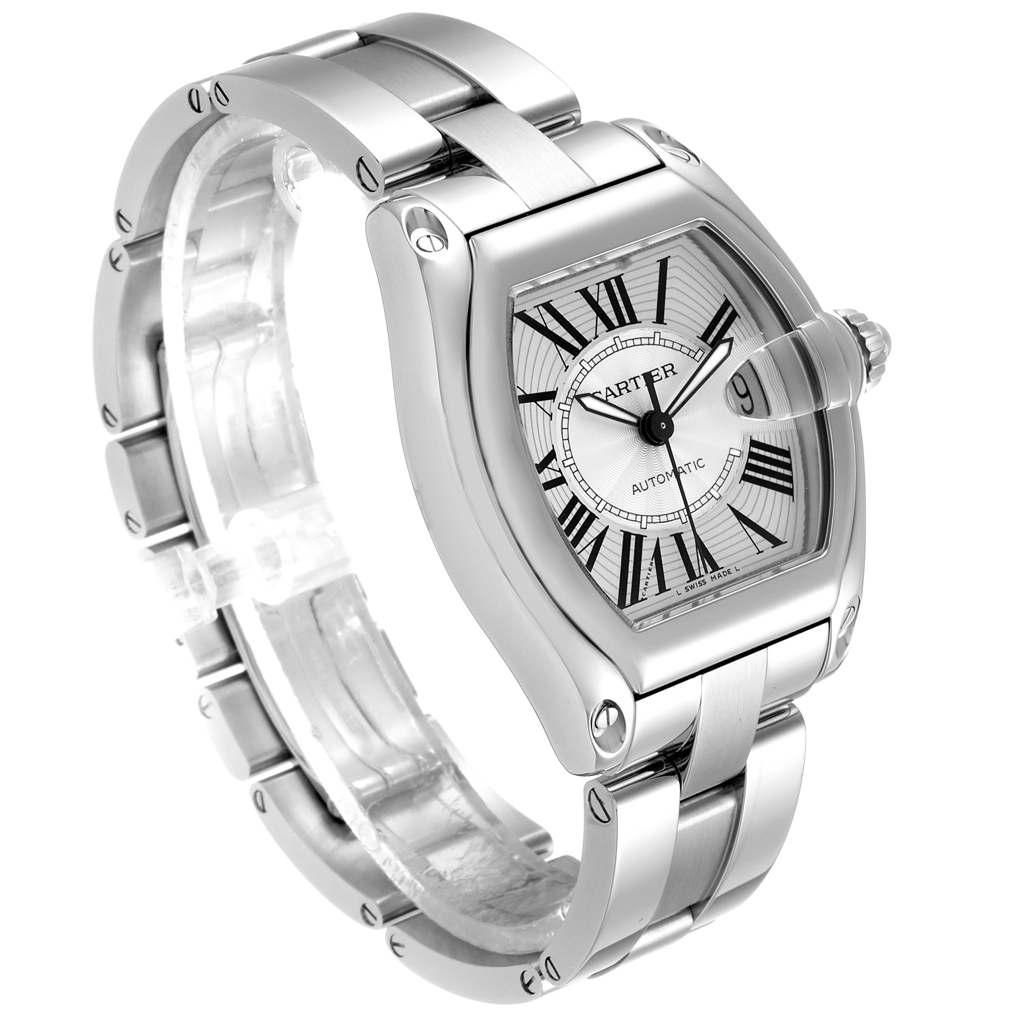 The image showcases a Cartier Roadster W62025V3 Men
s Stainless Steel Silver Dial W62025V3 Men
s Stainless Steel Silver Dial watch at a slight angle, highlighting its face, bezel, and band.